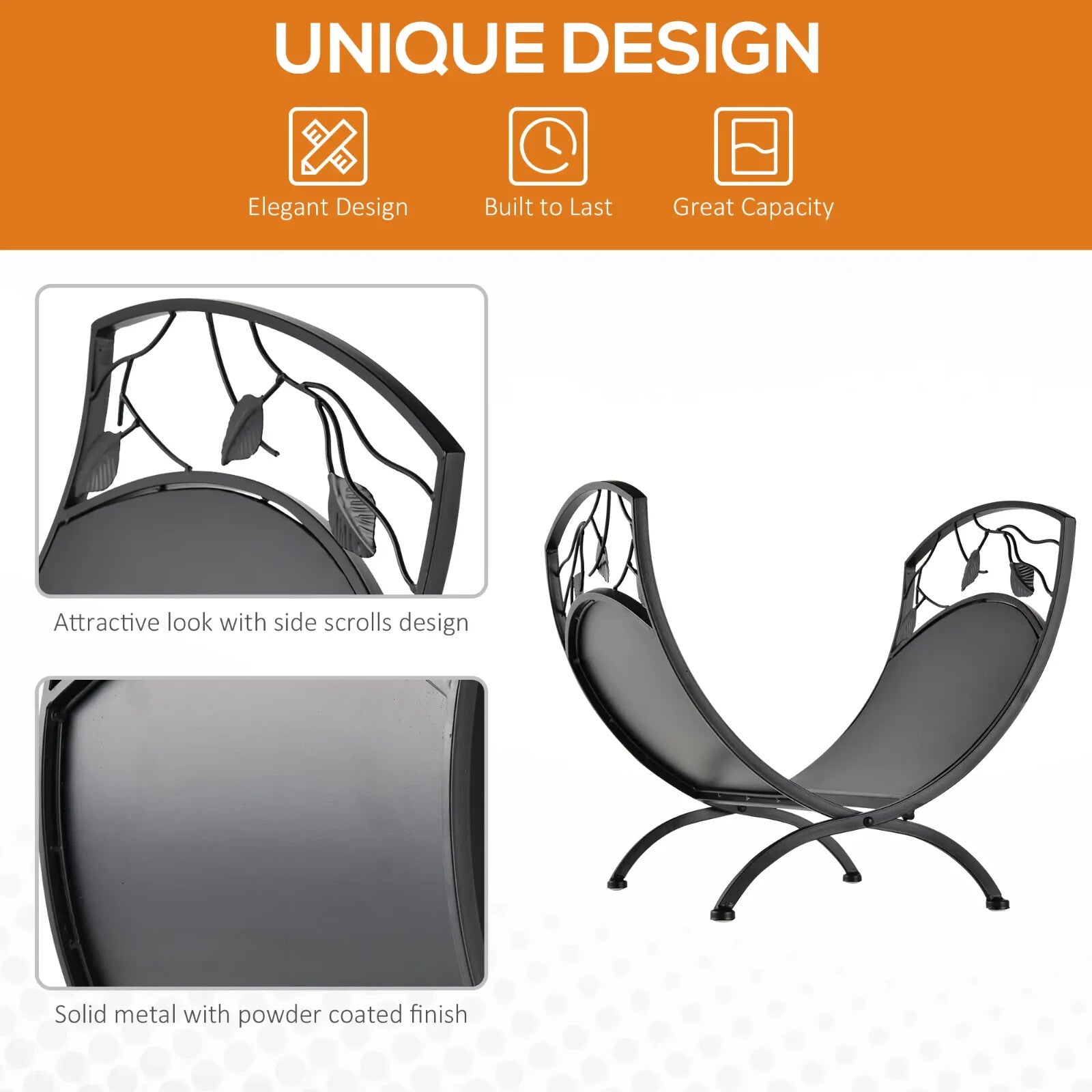 Log Holder Stand Folding Arced w/ Wood Storage Shelf & Leaf Scroll Panel Black - Home and Garden Furniture Shop - rustic - furniture