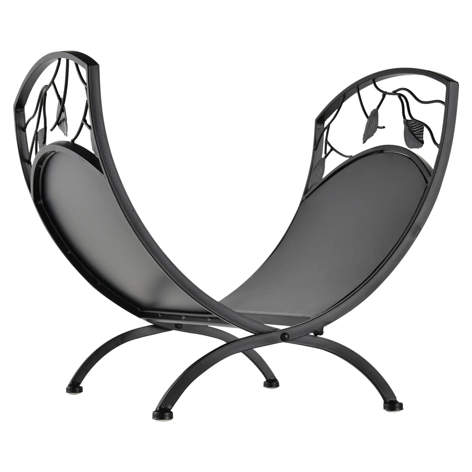 Log Holder Stand Folding Arced w/ Wood Storage Shelf & Leaf Scroll Panel Black - Home and Garden Furniture Shop - rustic - furniture