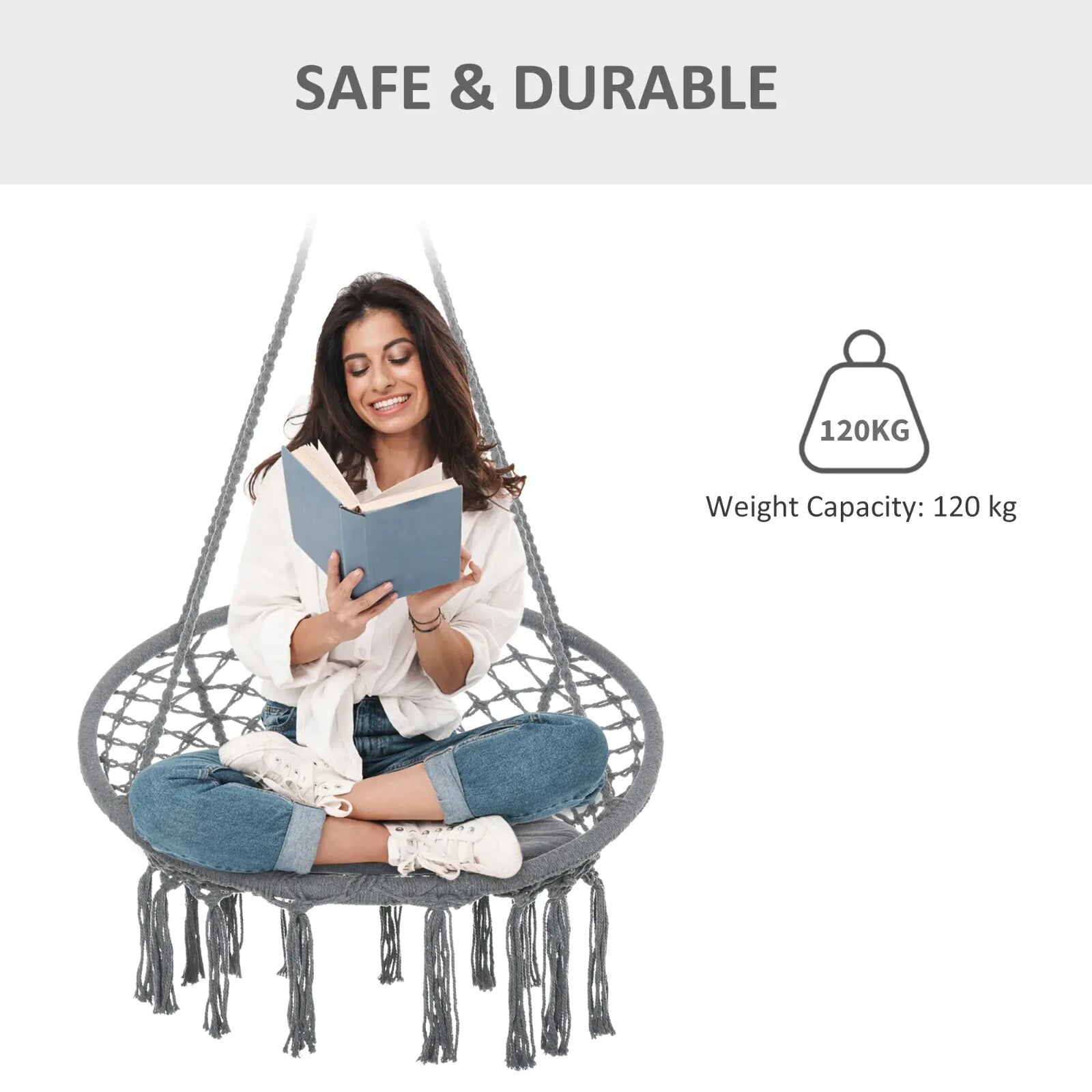 Macrame Hanging Chair Hammock Swing with Padded Cushion & 4 - Long Strings Grey - Home and Garden Furniture Shop - #rustic - furniture#