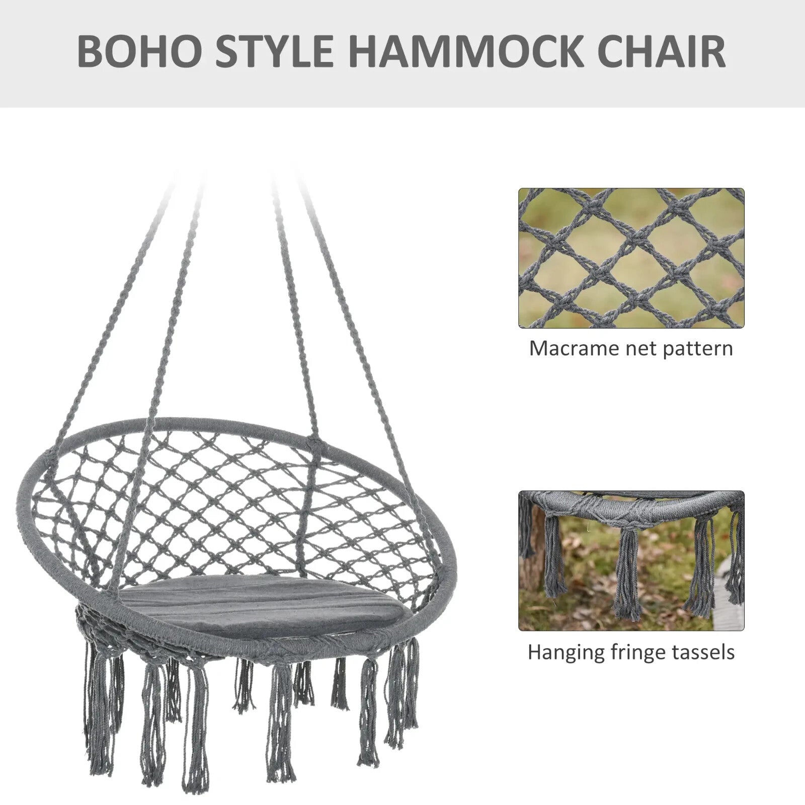 Macrame Hanging Chair Hammock Swing with Padded Cushion & 4 - Long Strings Grey - Home and Garden Furniture Shop - #rustic - furniture#
