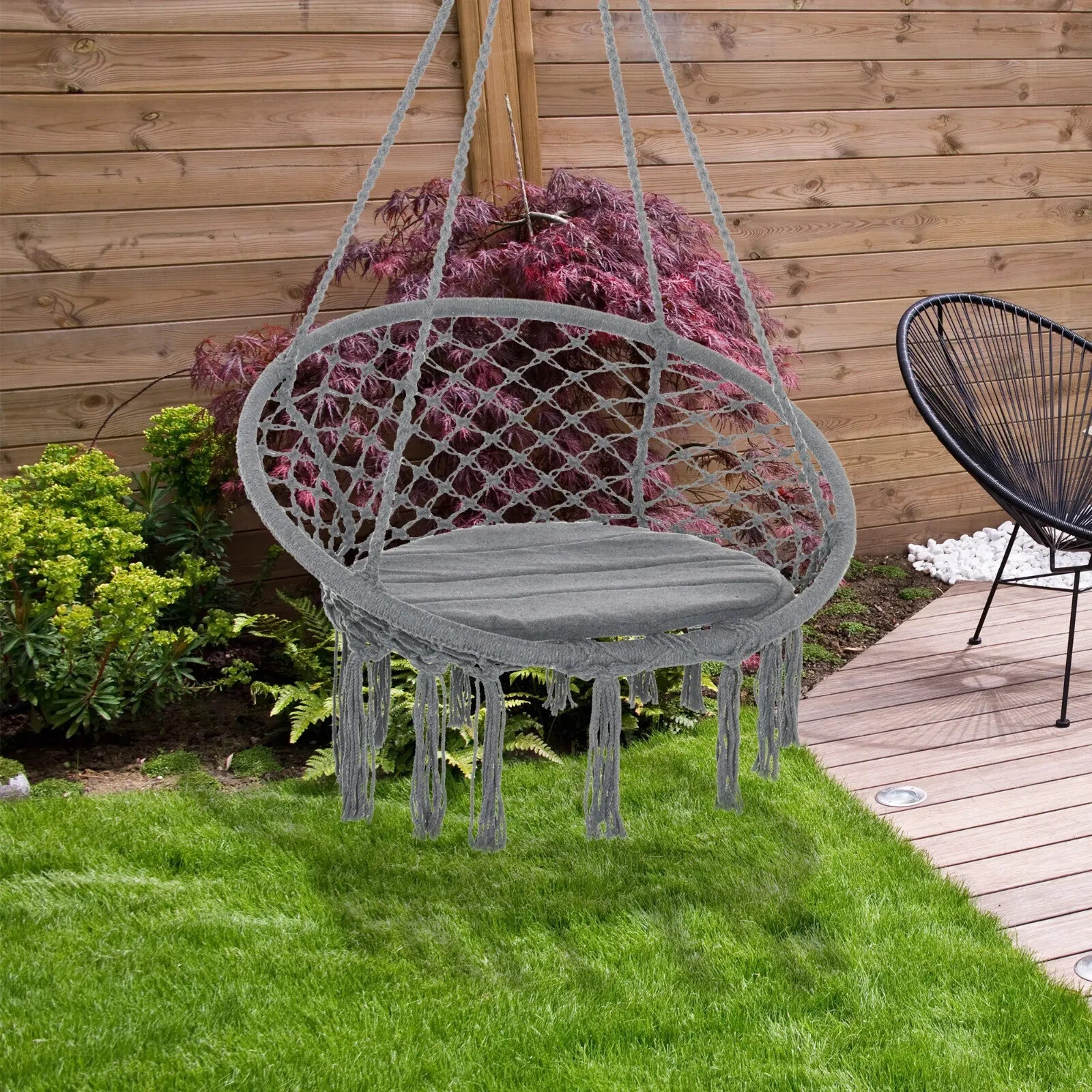 Macrame Hanging Chair Hammock Swing with Padded Cushion & 4 - Long Strings Grey - Home and Garden Furniture Shop - #rustic - furniture#