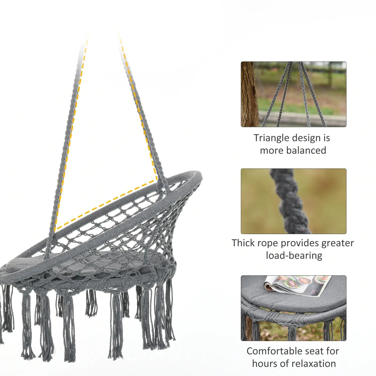 Macrame Hanging Chair Hammock Swing with Padded Cushion & 4 - Long Strings Grey - Home and Garden Furniture Shop - #rustic - furniture#
