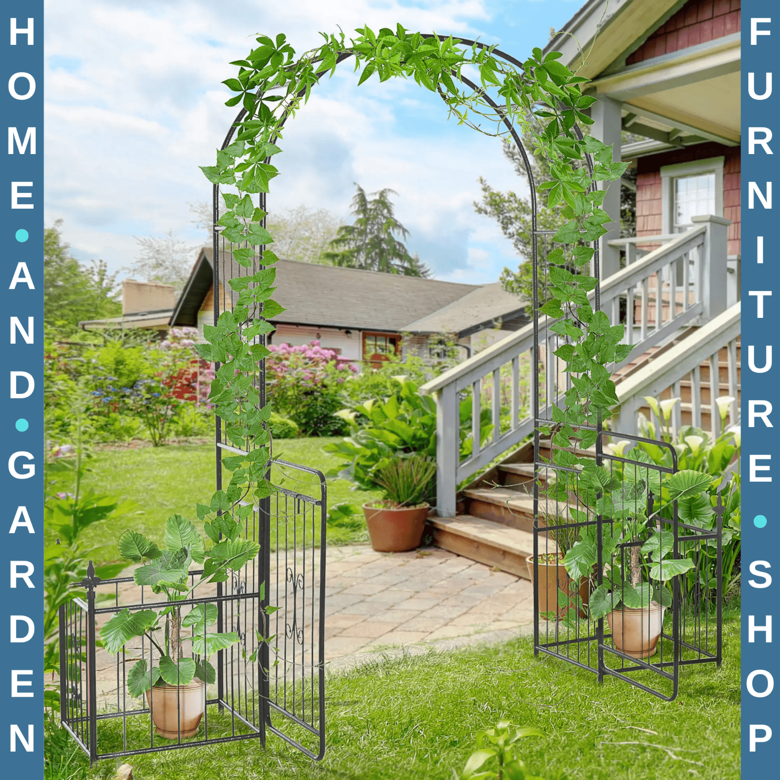 Metal Garden Arbor Arch with Double Doors and Side Planter Baskets Vine Frame - Home and Garden Furniture Shop - #rustic - furniture#