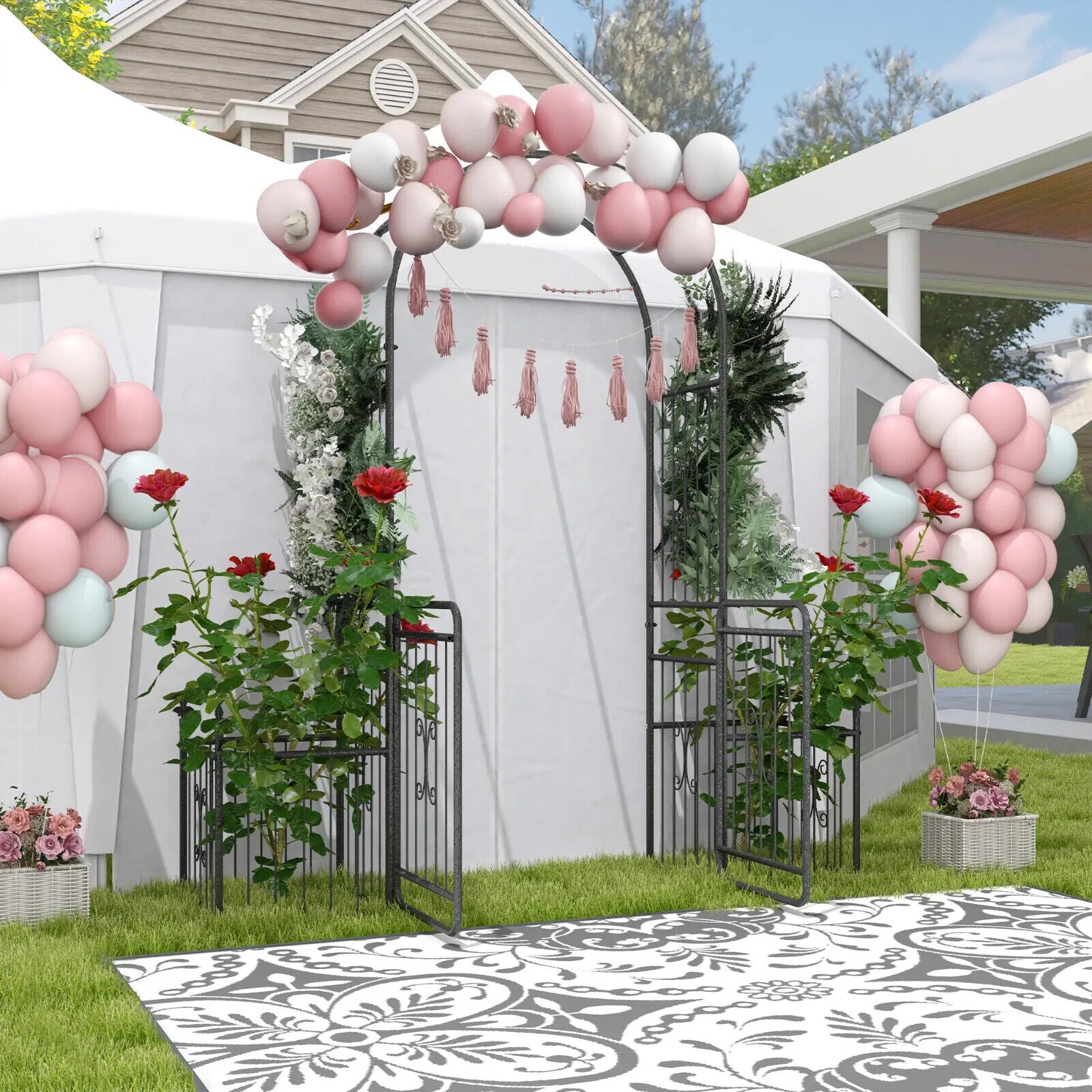 Metal Garden Arbor Arch with Double Doors and Side Planter Baskets Vine Frame - Home and Garden Furniture Shop - #rustic - furniture#