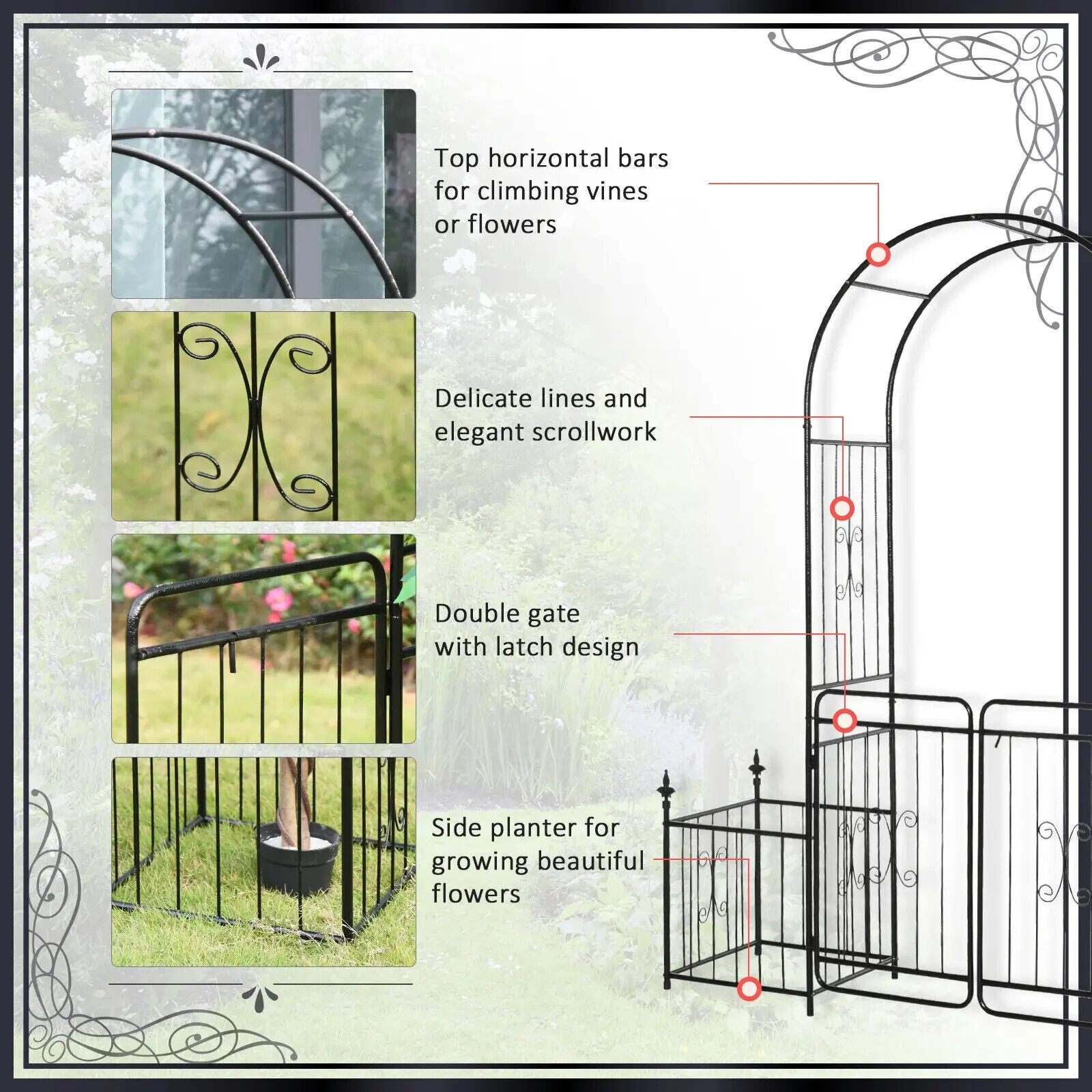 Metal Garden Arbor Arch with Double Doors and Two Planter Baskets Climbing Frame - Home and Garden Furniture Shop - #rustic - furniture#