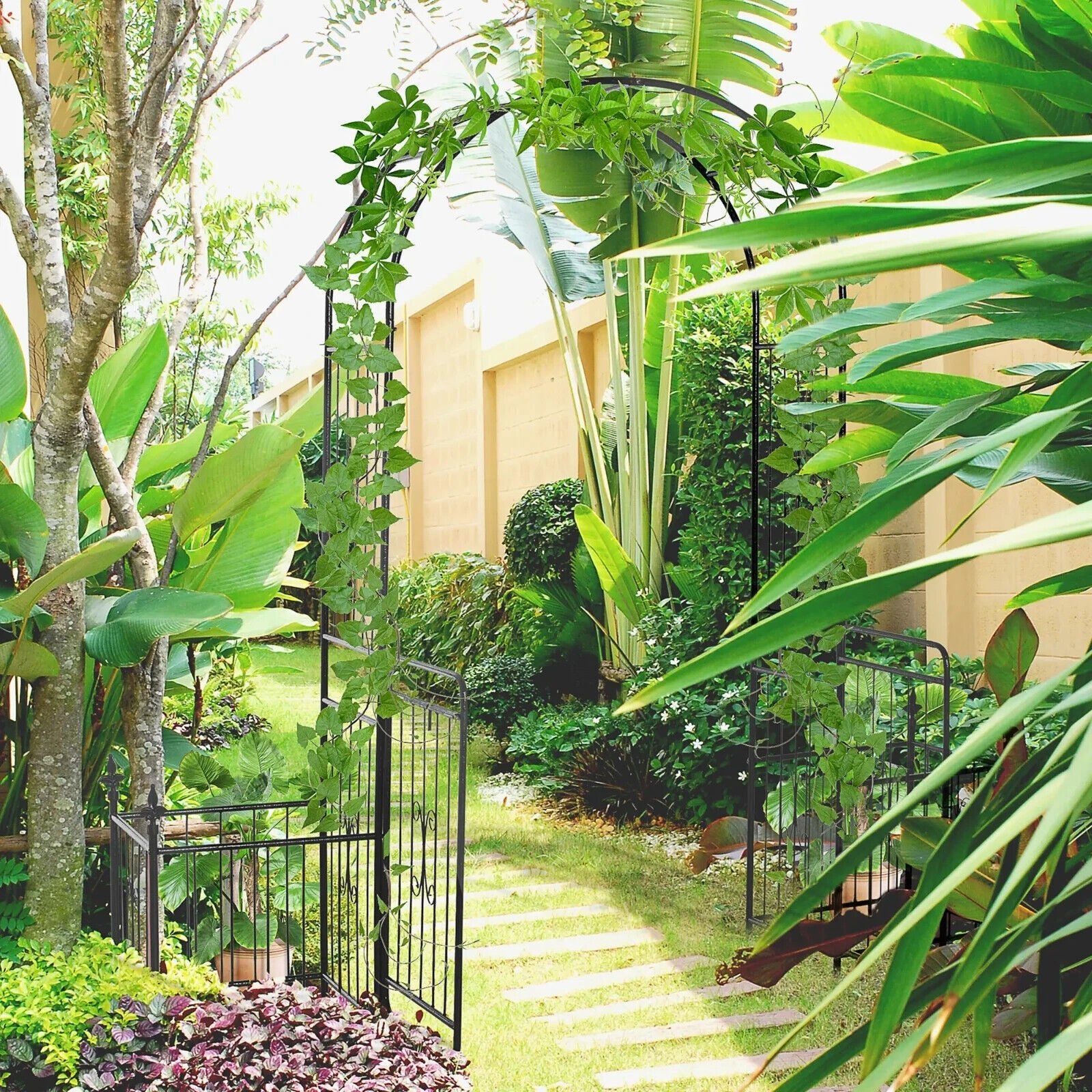 Metal Garden Arbor Arch with Double Doors and Two Planter Baskets Climbing Frame - Home and Garden Furniture Shop - #rustic - furniture#