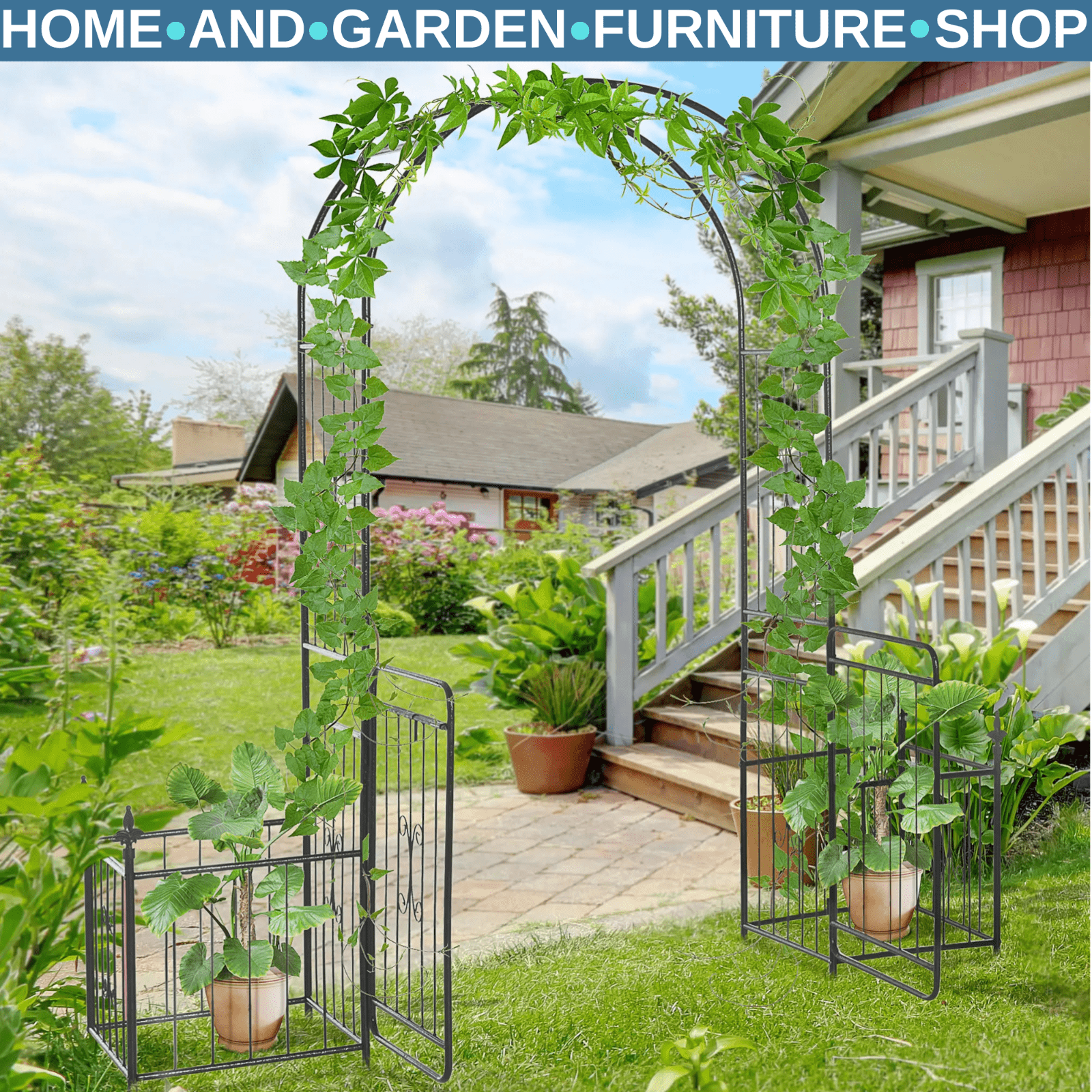 Metal Garden Arbor Arch with Double Doors and Two Planter Baskets Climbing Frame - Home and Garden Furniture Shop - #rustic - furniture#