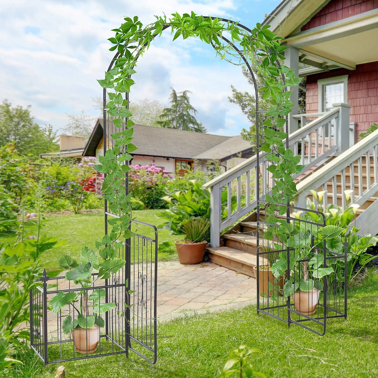 Metal Garden Arbor Arch with Double Doors and Two Planter Baskets Climbing Frame - Home and Garden Furniture Shop - #rustic - furniture#