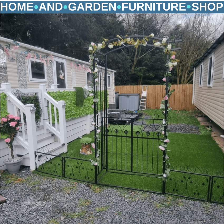 Metal Garden Arch with Gate Outdoor Climbing Plant Trellis Arbour Archway Black - Home and Garden Furniture Shop - rustic - furniture