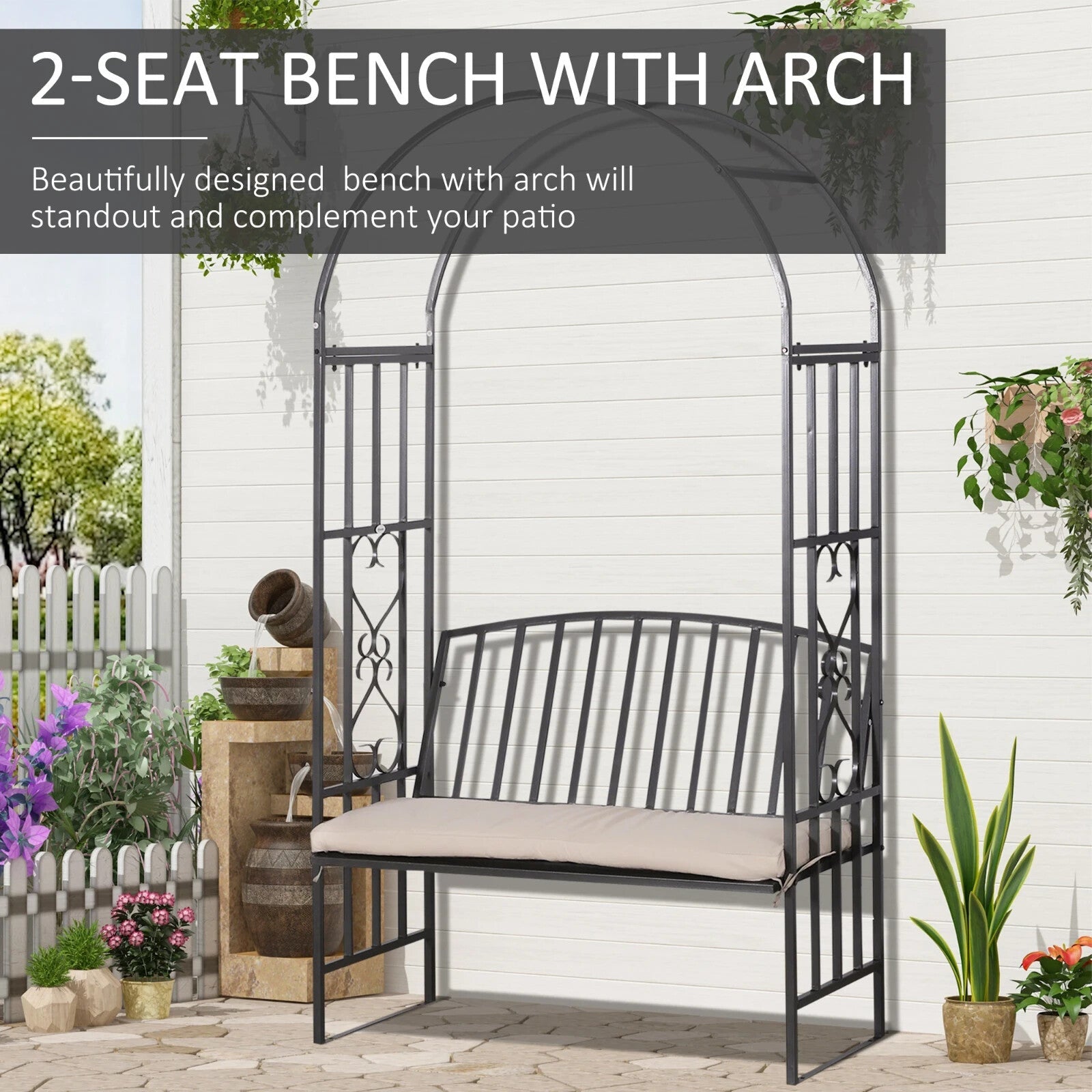 Metal Garden Bench 2 Seater Outdoor Chair Arbour Arch Pergola Black Frame Bench - Home and Garden Furniture Shop - rustic - furniture