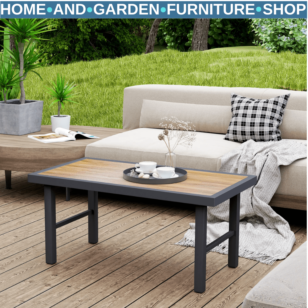 Metal Garden Outdoor Side Coffee Table w/ Woodgrain Top for Patio Balcony Brown - Home and Garden Furniture Shop - rustic - furniture