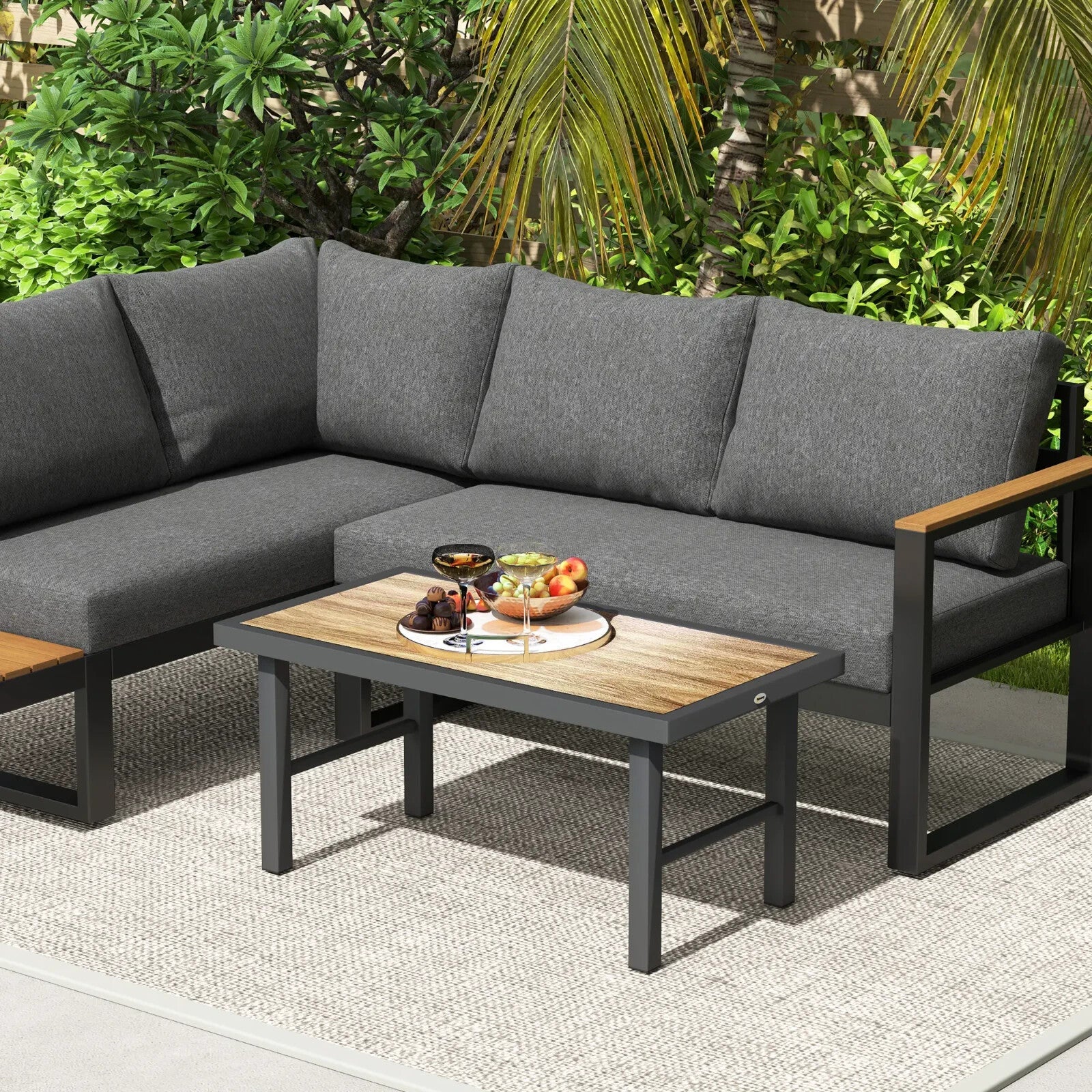 Metal Garden Outdoor Side Coffee Table w/ Woodgrain Top for Patio Balcony Brown - Home and Garden Furniture Shop - rustic - furniture