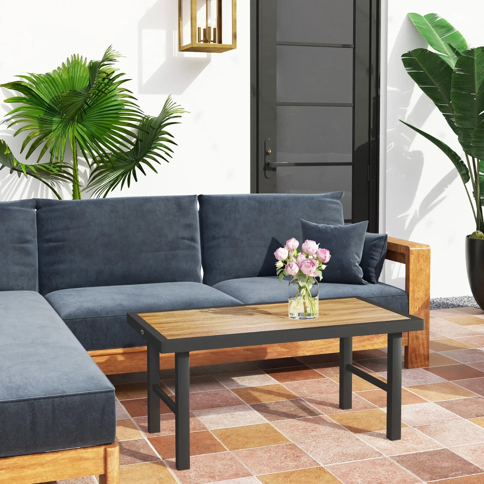 Metal Garden Outdoor Side Coffee Table w/ Woodgrain Top for Patio Balcony Brown - Home and Garden Furniture Shop - rustic - furniture