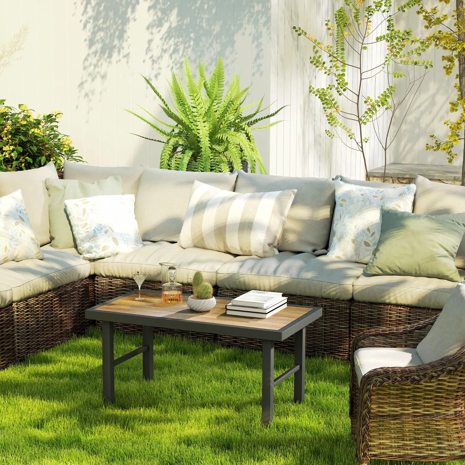 Metal Garden Outdoor Side Coffee Table w/ Woodgrain Top for Patio Balcony Brown - Home and Garden Furniture Shop - rustic - furniture