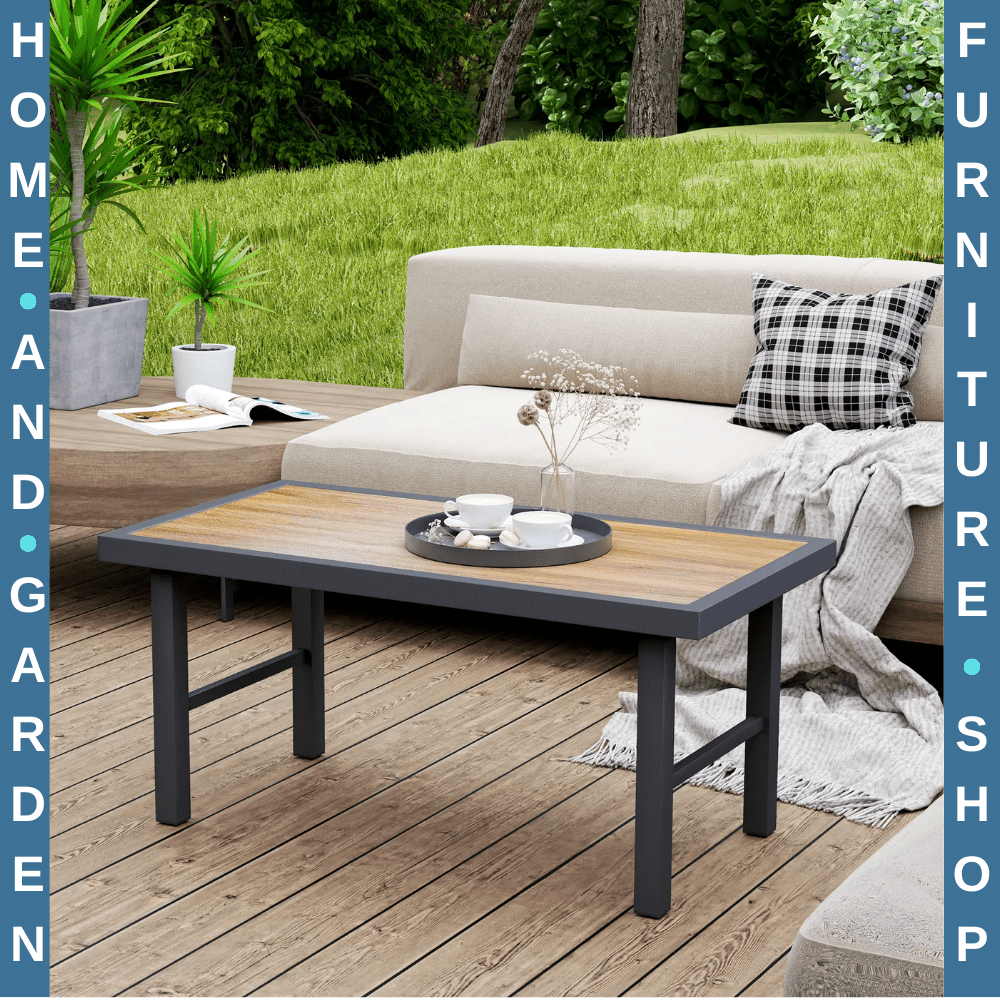 Metal Garden Outdoor Side Coffee Table w/ Woodgrain Top for Patio Balcony Brown - Home and Garden Furniture Shop - rustic - furniture