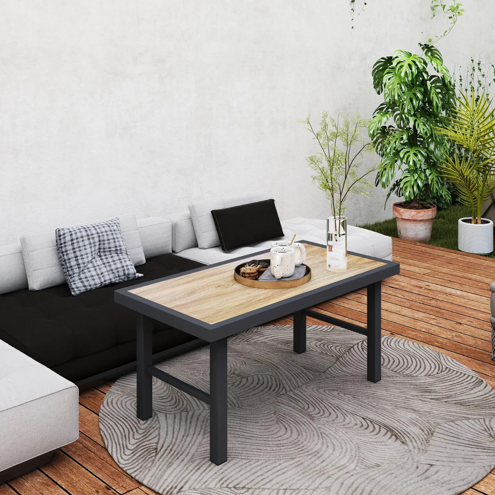 Metal Garden Outdoor Side Coffee Table w/ Woodgrain Top for Patio Balcony Brown - Home and Garden Furniture Shop - rustic - furniture