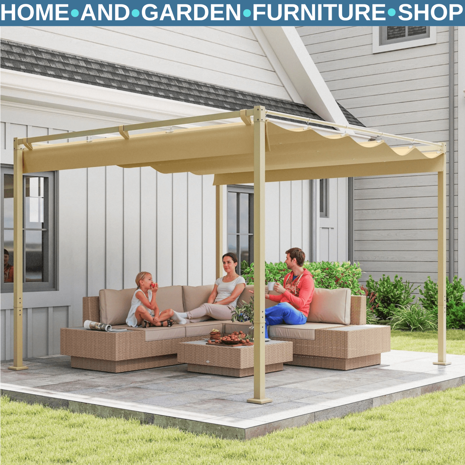 Metal Garden Pergola with Roof Retractable Canopy Khaki Patio Shelter Sun Shade - Home and Garden Furniture Shop - rustic - furniture
