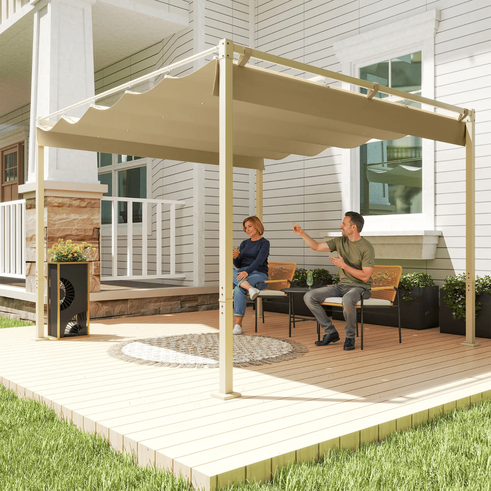 Metal Garden Pergola with Roof Retractable Canopy Khaki Patio Shelter Sun Shade - Home and Garden Furniture Shop - rustic - furniture