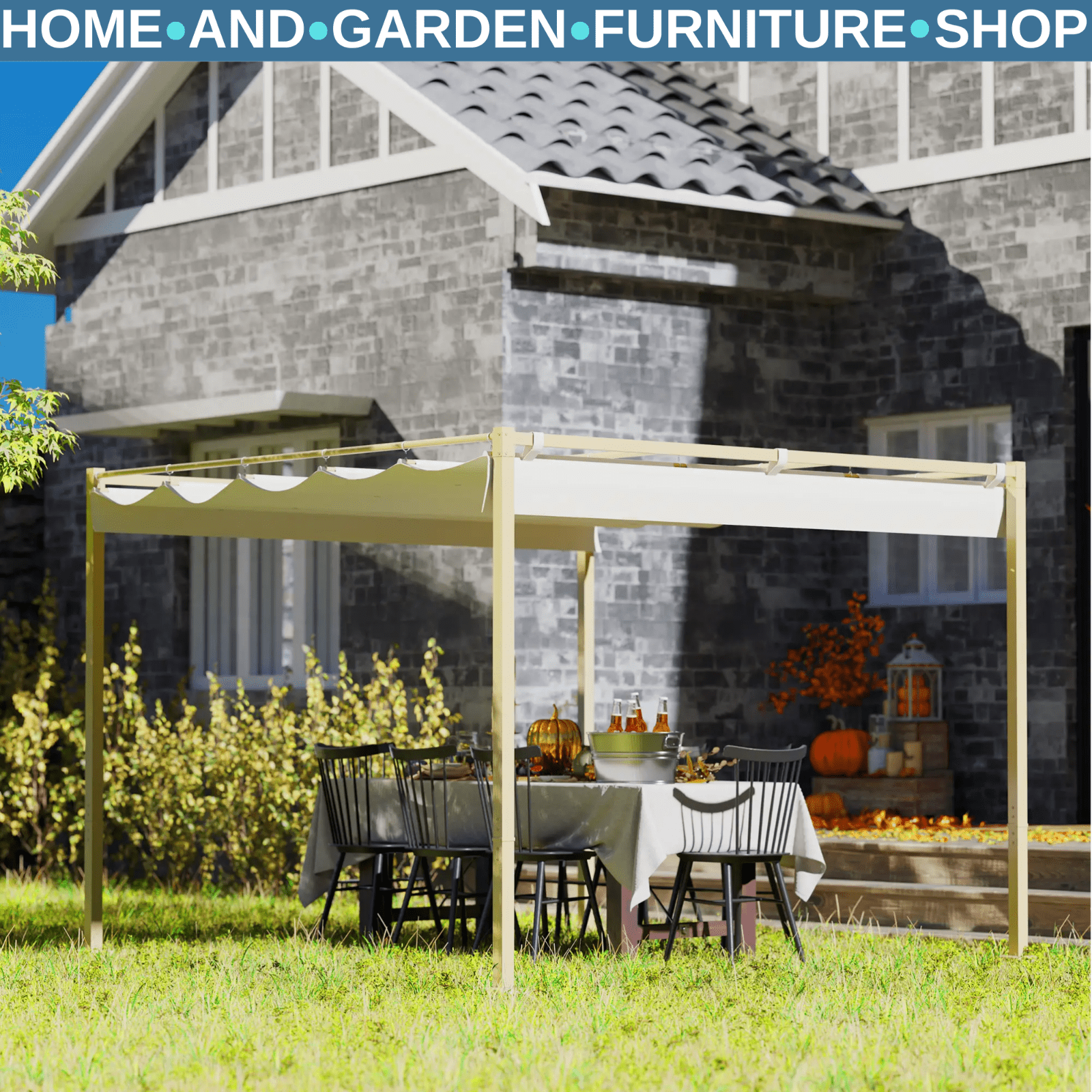 Metal Garden Pergola with Roof Retractable Canopy Khaki Patio Shelter Sun Shade - Home and Garden Furniture Shop - rustic - furniture