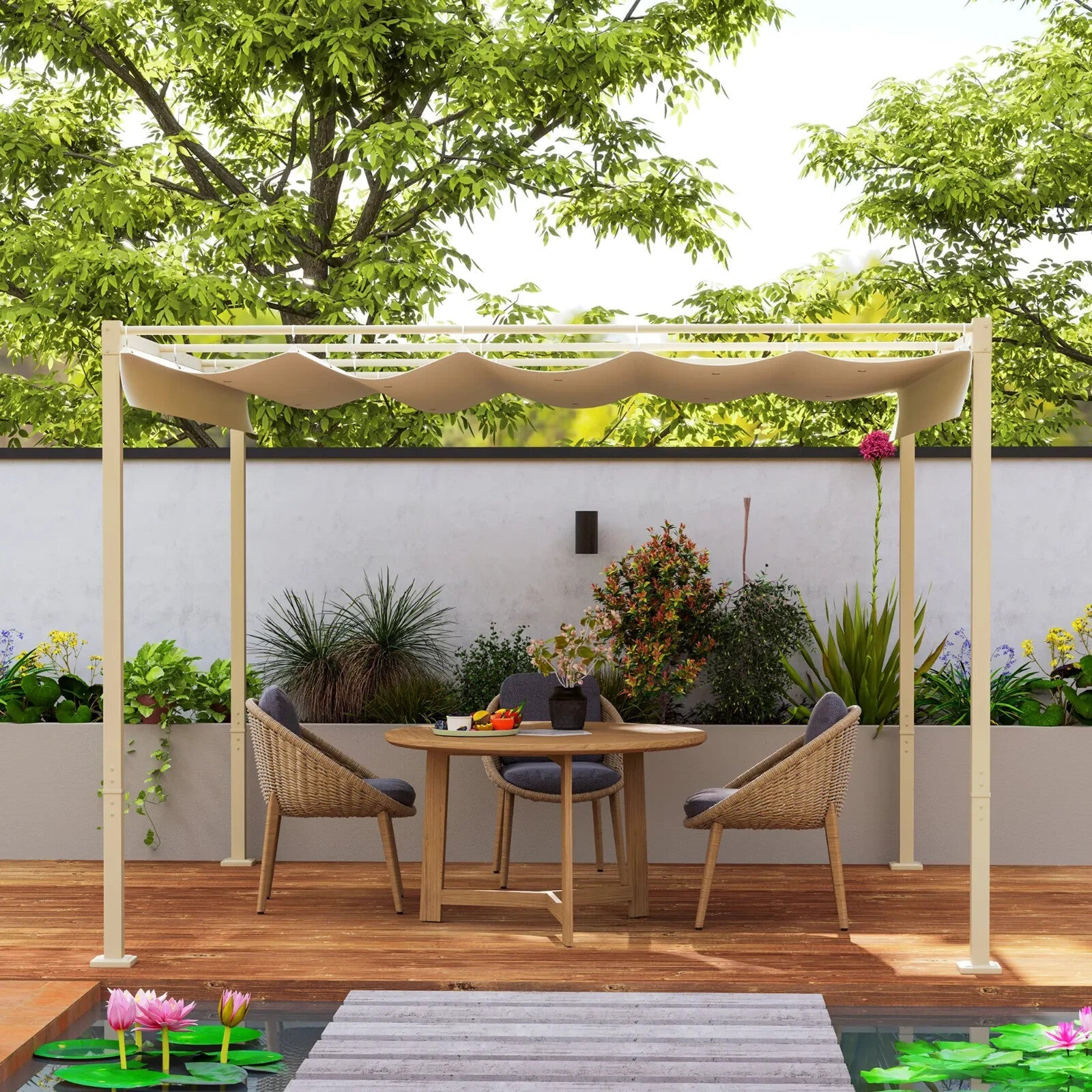 Metal Garden Pergola with Roof Retractable Canopy Khaki Patio Shelter Sun Shade - Home and Garden Furniture Shop - rustic - furniture