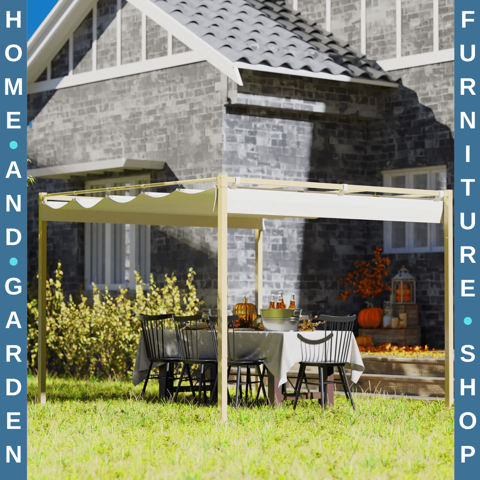 Metal Garden Pergola with Roof Retractable Canopy Khaki Patio Shelter Sun Shade - Home and Garden Furniture Shop - rustic - furniture