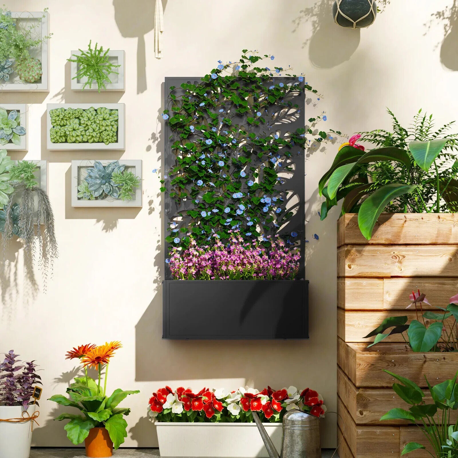 Metal Garden Raised Bed with Back Trellis - Outdoor Elevated Planter Flower Box - Home and Garden Furniture Shop - #rustic - furniture#