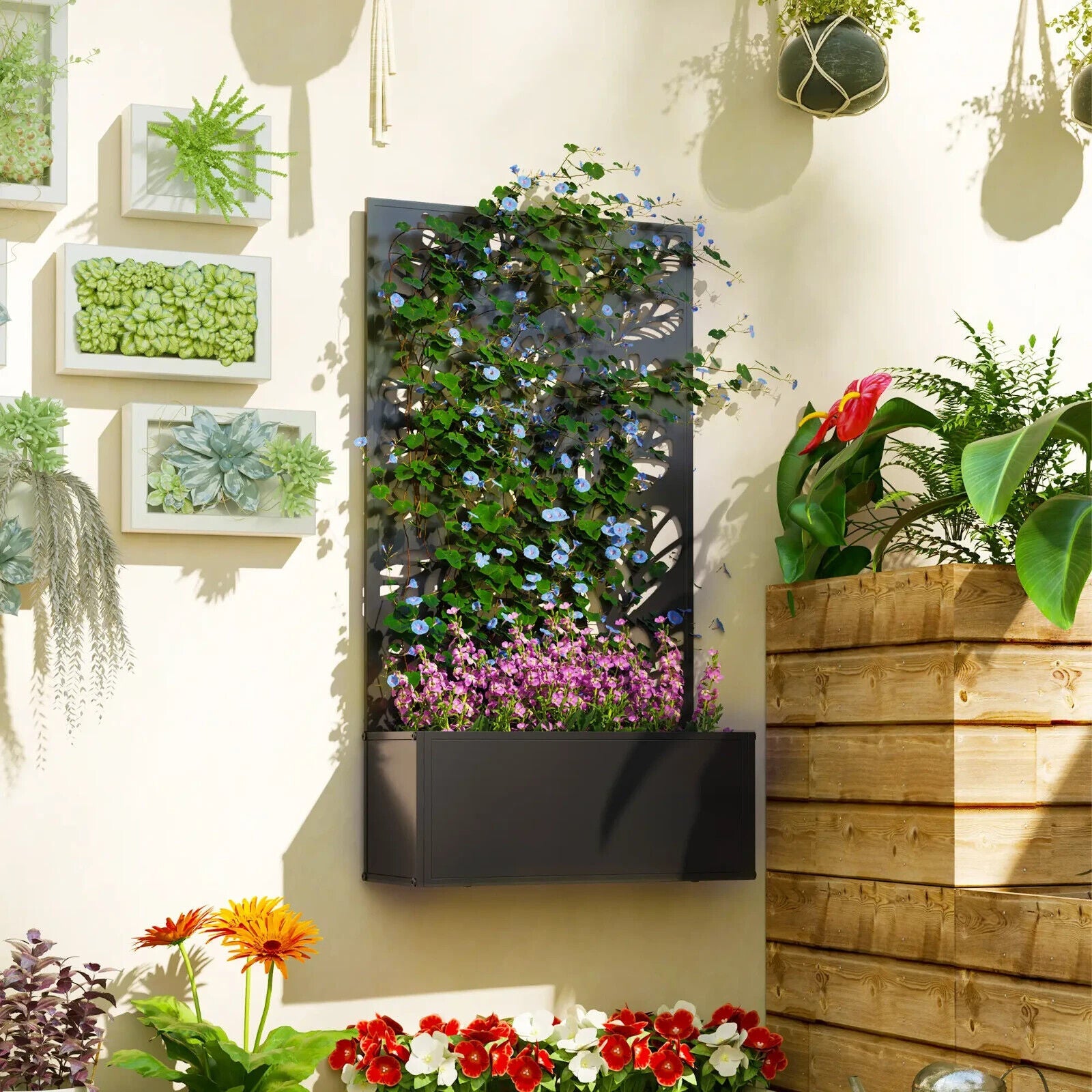 Metal Garden Raised Bed with Back Trellis - Outdoor Elevated Planter Flower Box - Home and Garden Furniture Shop - #rustic - furniture#