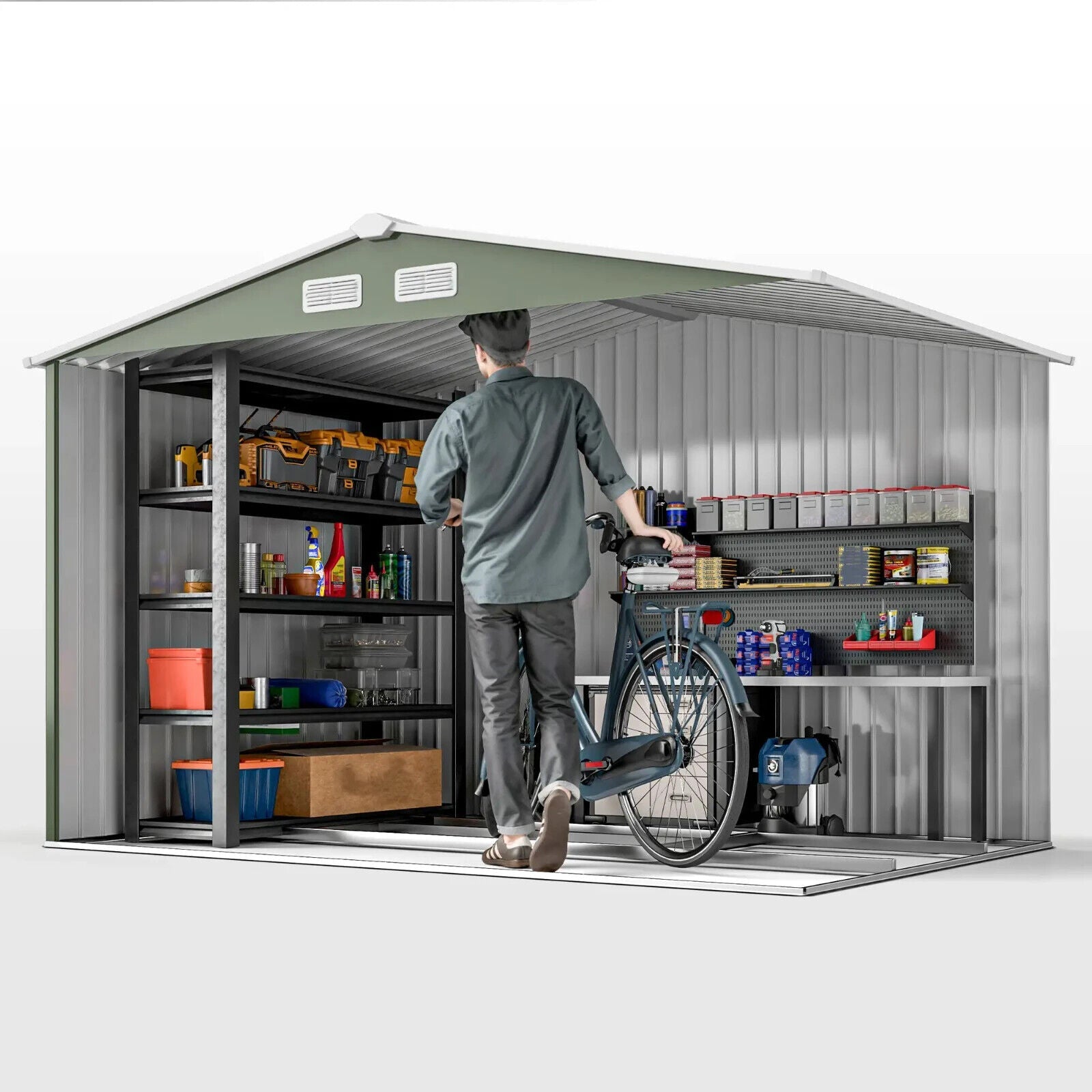 Metal Garden Shed 9 x 6FT Galvanised Storage Shed with Sliding Door Light Green - Home and Garden Furniture Shop - #rustic - furniture#