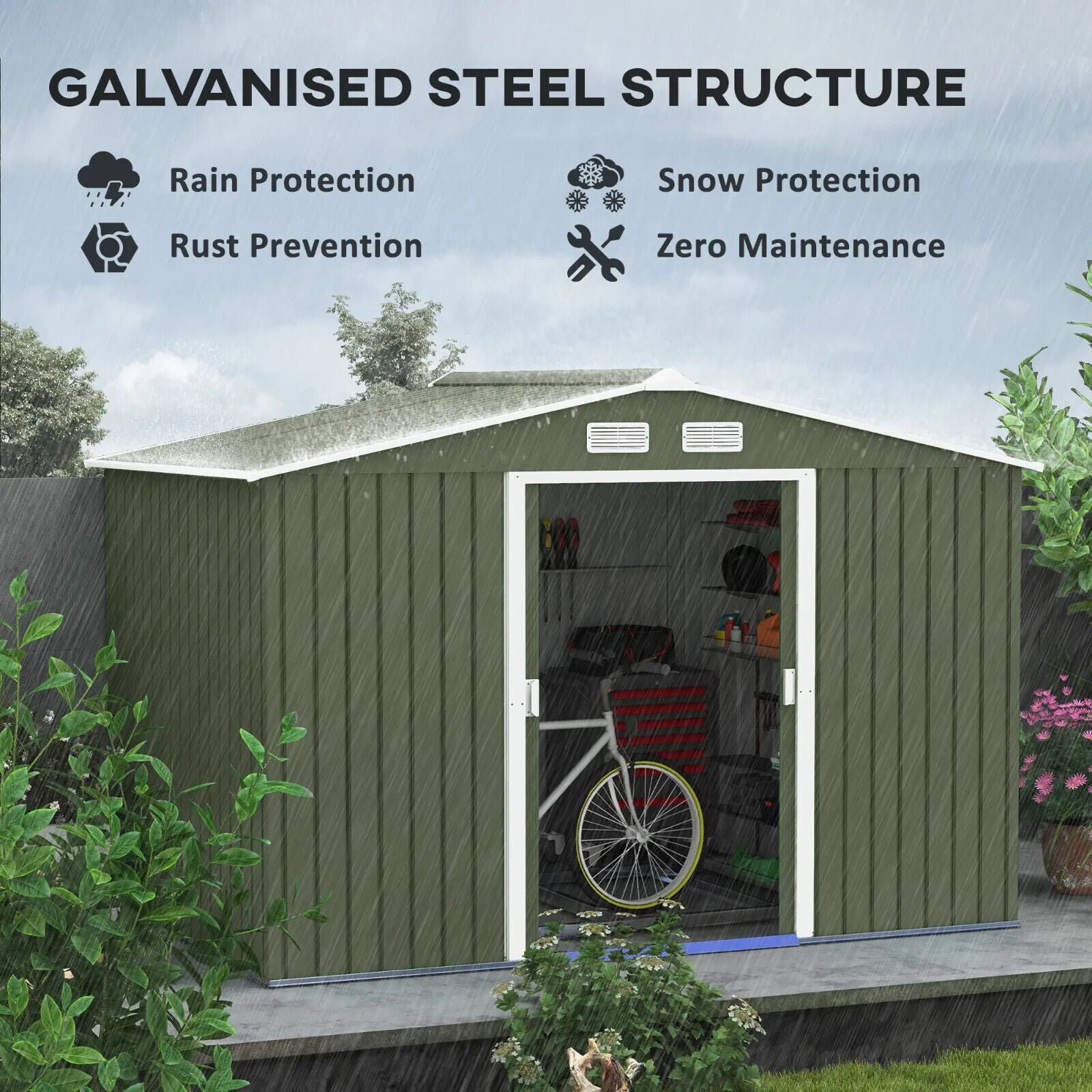 Metal Garden Shed 9 x 6FT Galvanised Storage Shed with Sliding Door Light Green - Home and Garden Furniture Shop - #rustic - furniture#