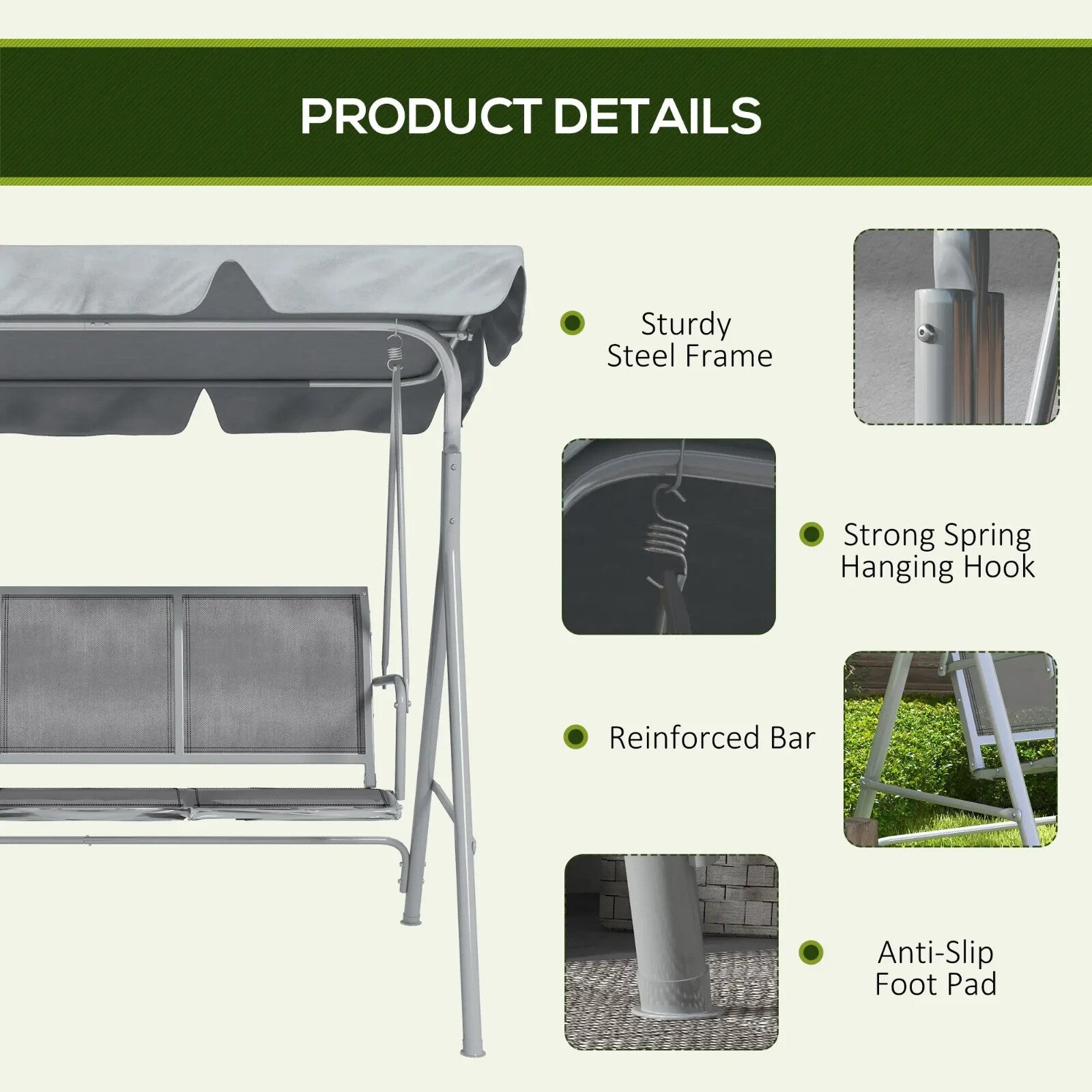 Metal Garden Swing Chair Hammock 3 Seater Patio Swing Bench with Sun Canopy Grey - Home and Garden Furniture Shop - rustic - furniture