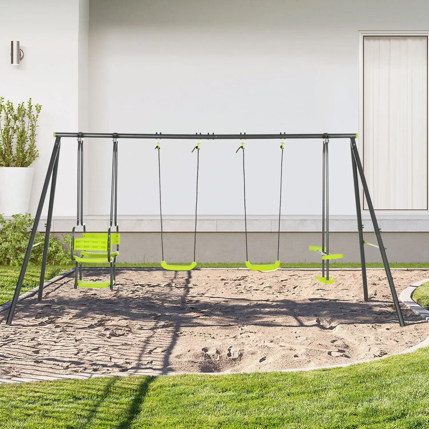 Metal Garden Swing Set with Double Swing and Glider Outdoor Kids Play Seat Frame - Home and Garden Furniture Shop - rustic - furniture