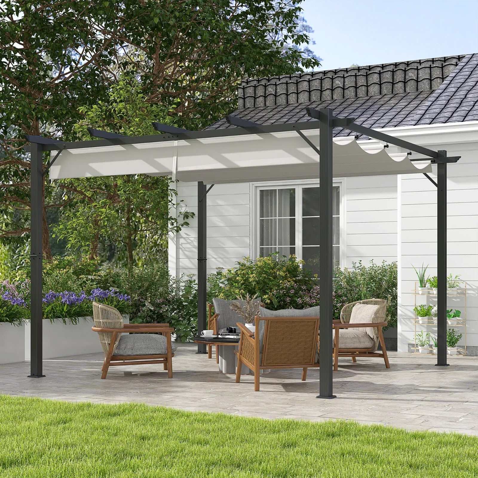Metal Pergola Gazebo 3x3m Sun Shade Patio Shelter Garden Retractable Canopy Grey - Home and Garden Furniture Shop - rustic - furniture