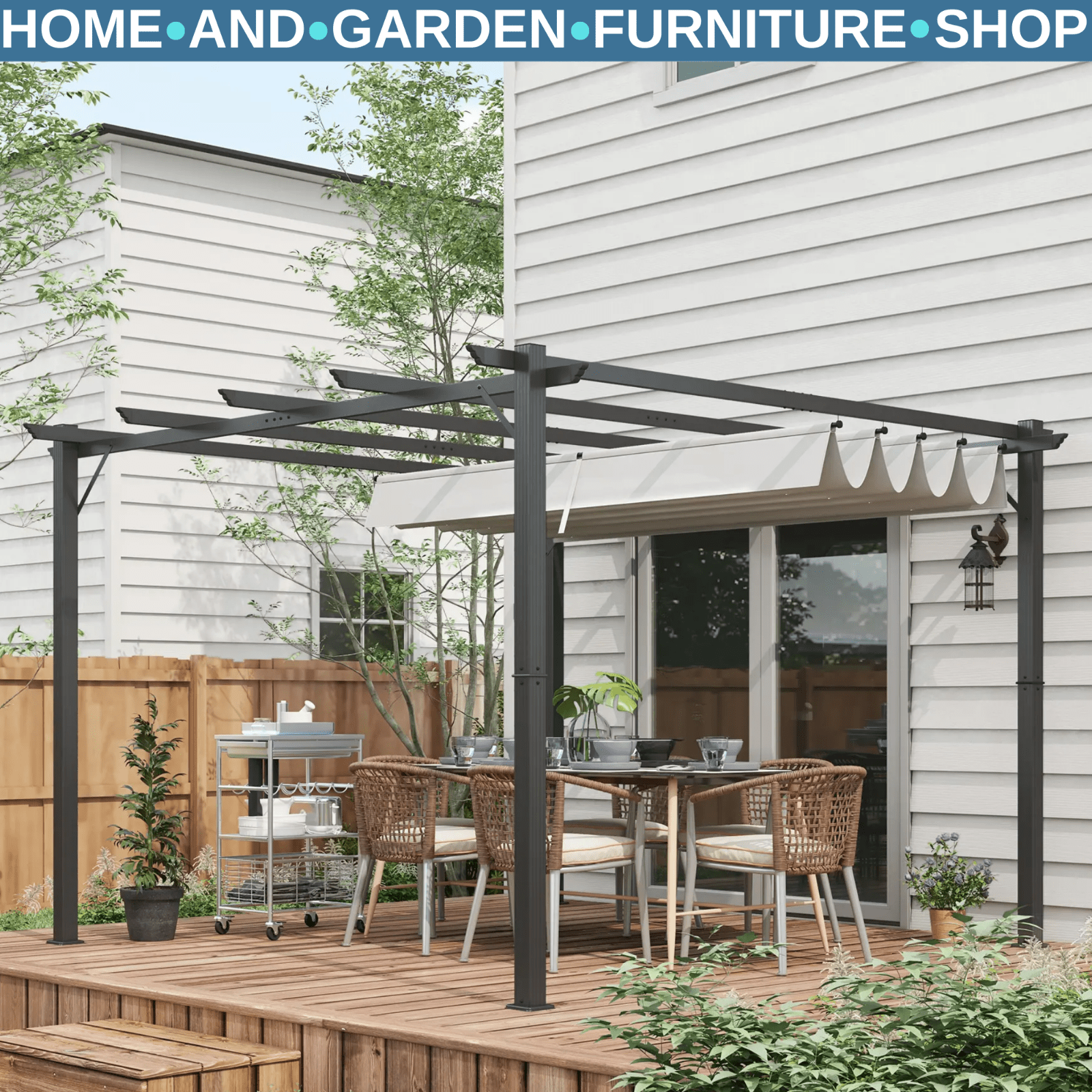 Metal Pergola Gazebo 3x3m Sun Shade Patio Shelter Garden Retractable Canopy Grey - Home and Garden Furniture Shop - rustic - furniture