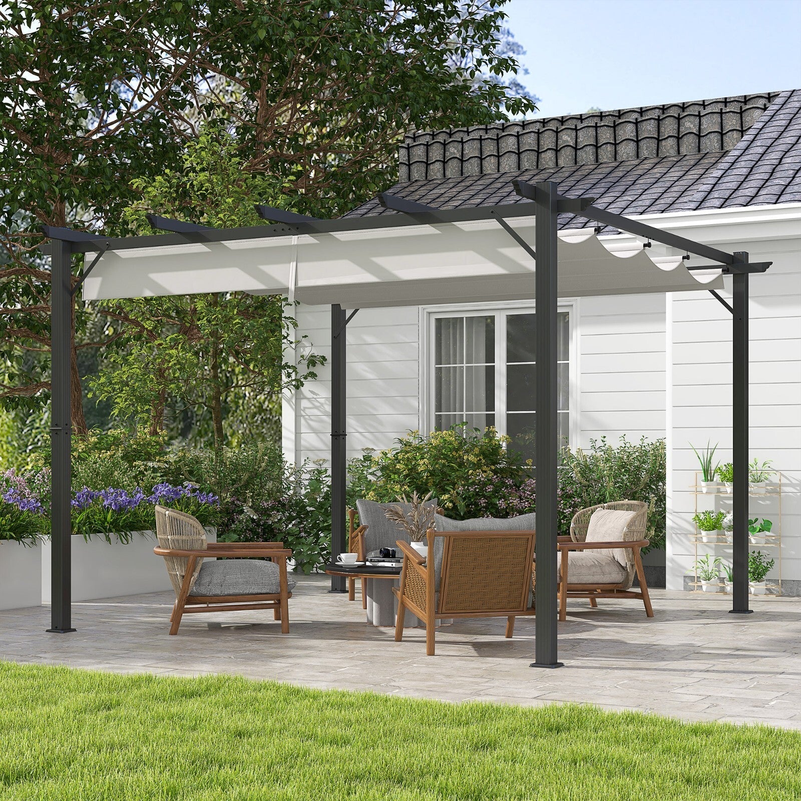 Metal Pergola Gazebo 3x3m Sun Shade Patio Shelter Garden Retractable Canopy Grey - Home and Garden Furniture Shop - rustic - furniture