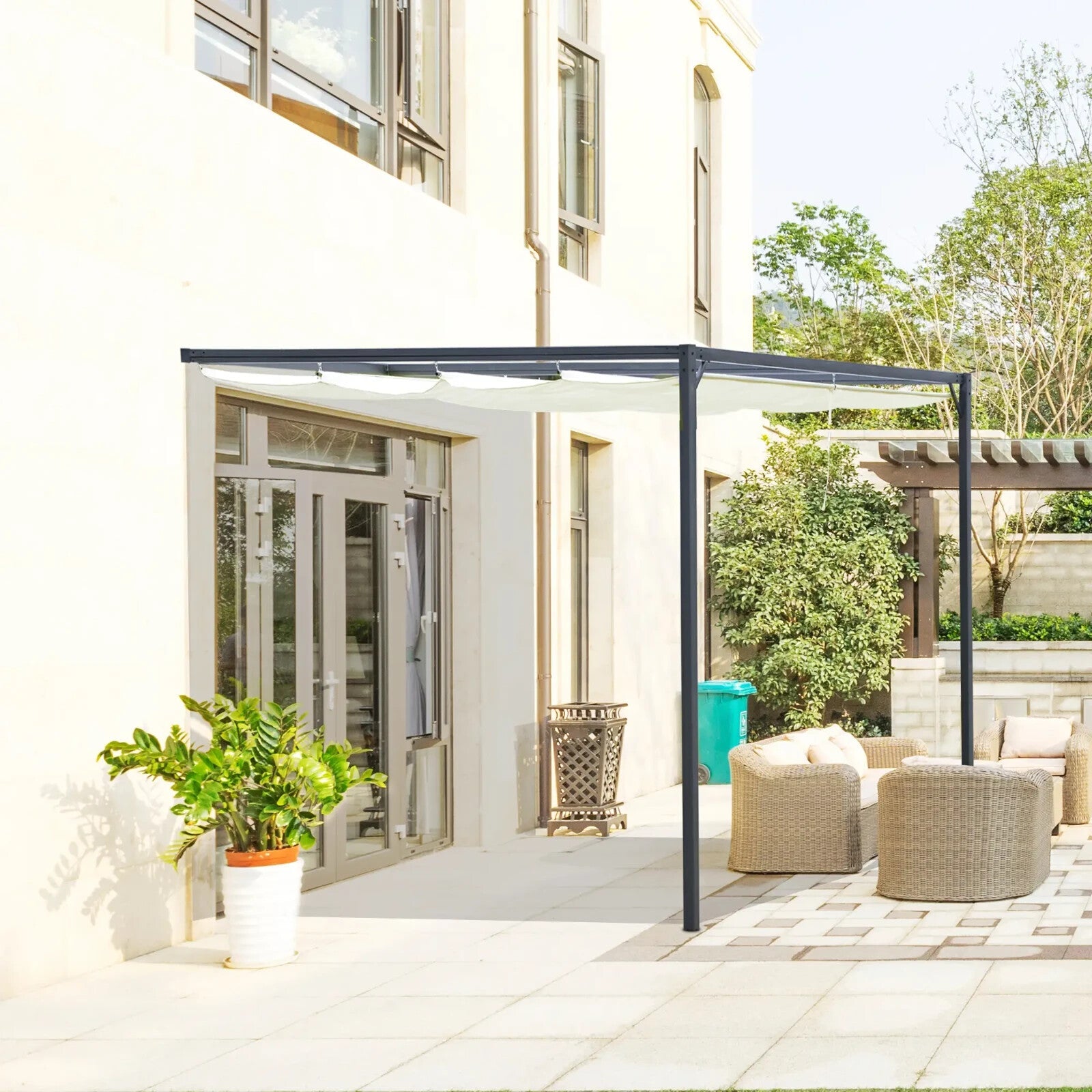 Metal Pergola Gazebo with Retractable Canopy Wall Mounted Garden Patio Shelter - Home and Garden Furniture Shop - rustic - furniture