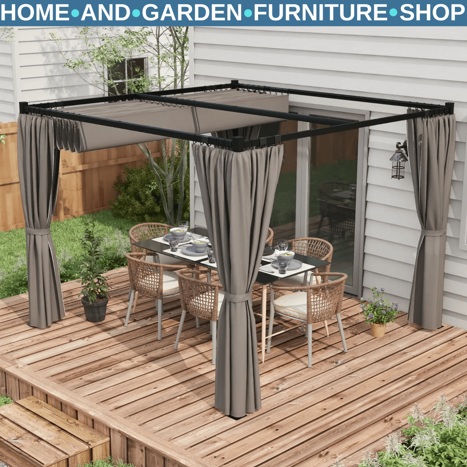 Metal Pergola Retractable Roof and Sides Curtains Outdoor Patio Garden Shelter - Home and Garden Furniture Shop - rustic - furniture