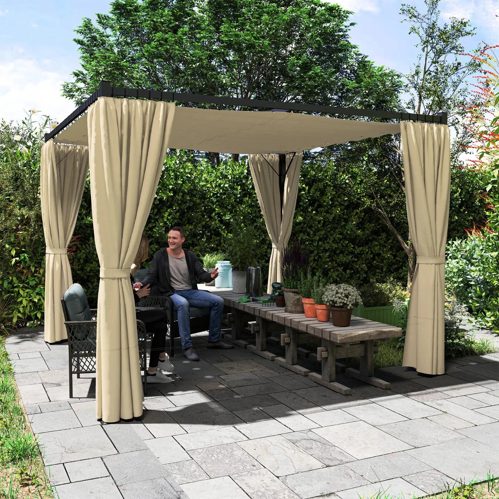 Metal Pergola with Retractable Roof 3 x 3m Curtains Outdoor Gazebo Patio Shade - Home and Garden Furniture Shop - rustic - furniture