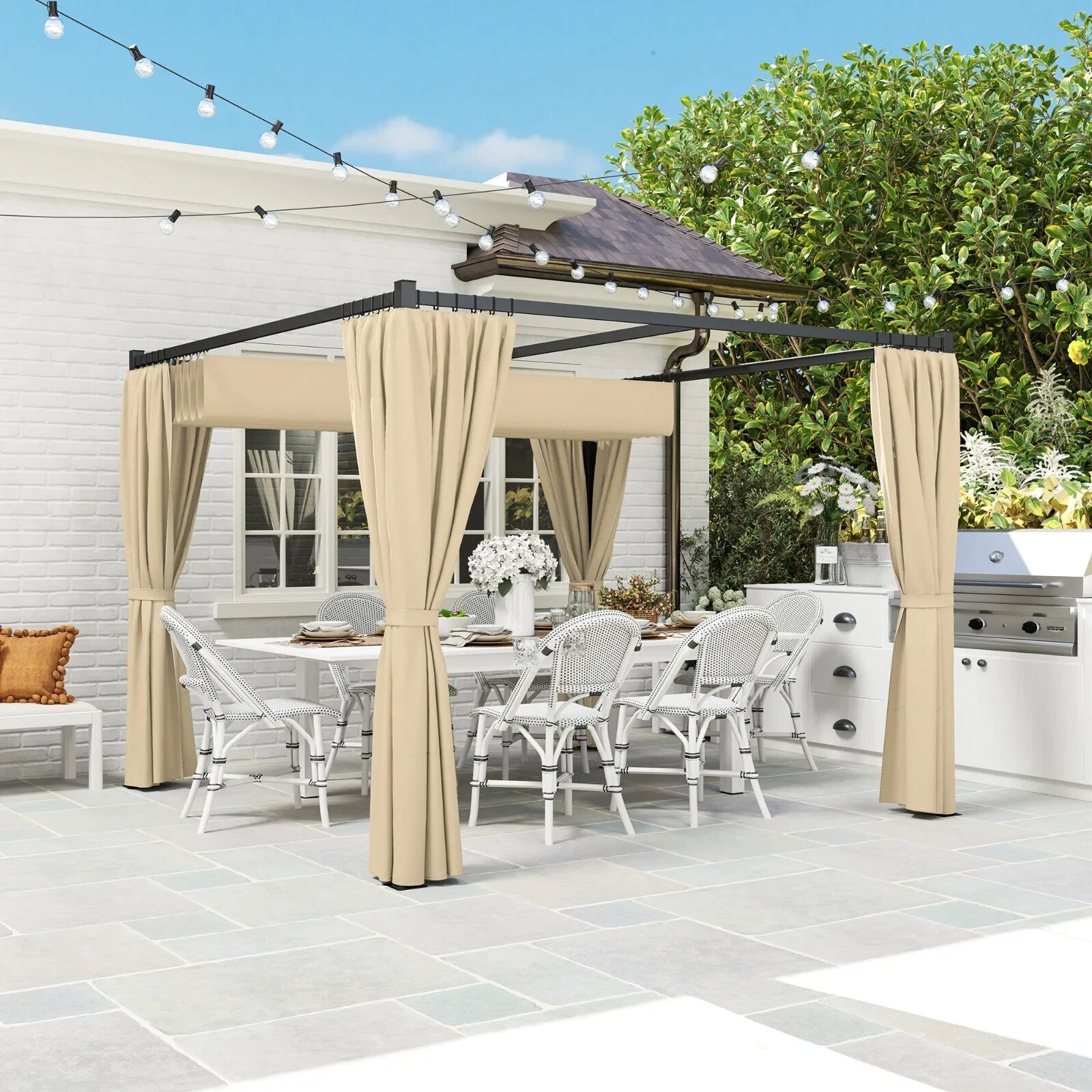 Metal Pergola with Retractable Roof 3 x 3m Curtains Outdoor Gazebo Patio Shade - Home and Garden Furniture Shop - rustic - furniture