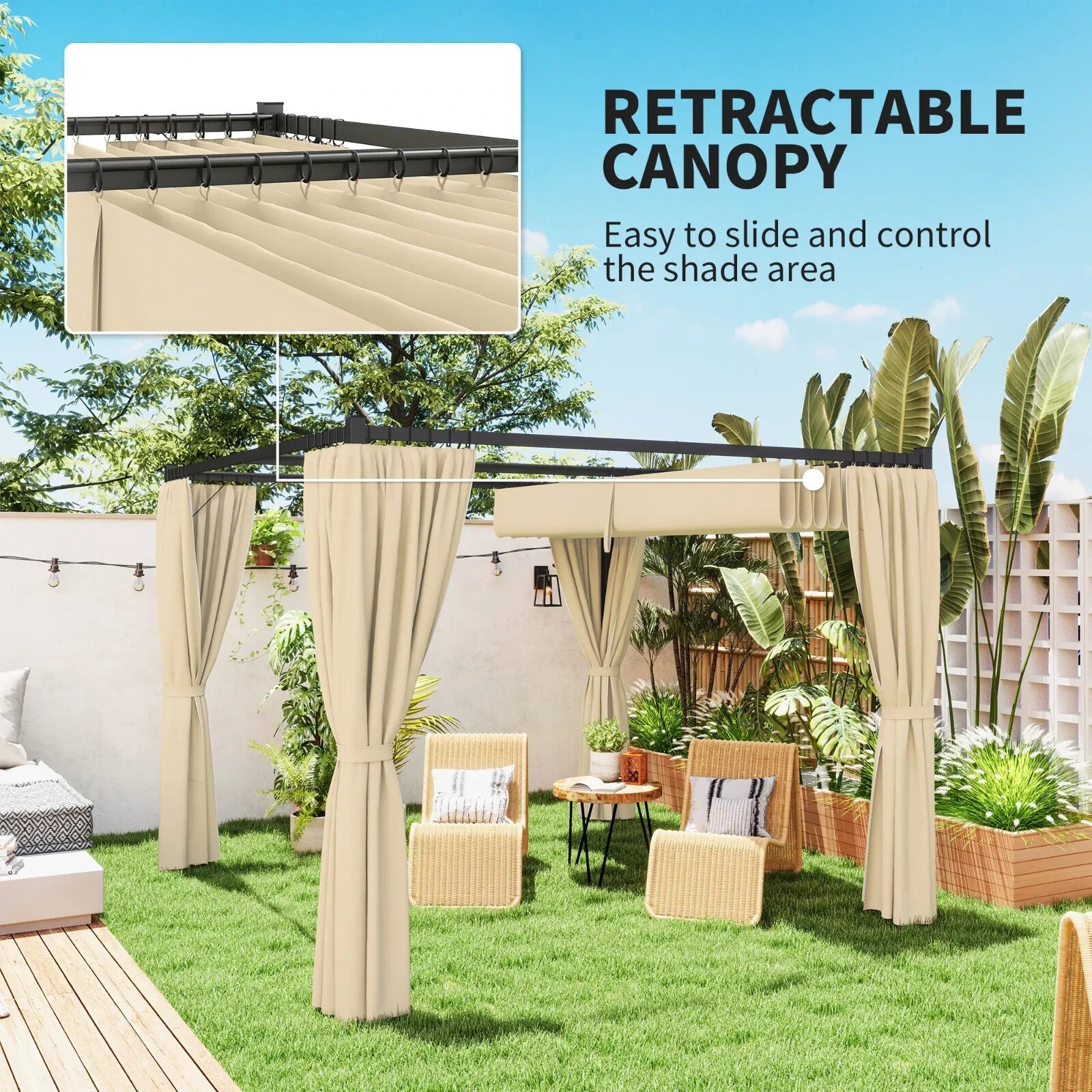 Metal Pergola with Retractable Roof 3 x 3m Curtains Outdoor Gazebo Patio Shade - Home and Garden Furniture Shop - rustic - furniture