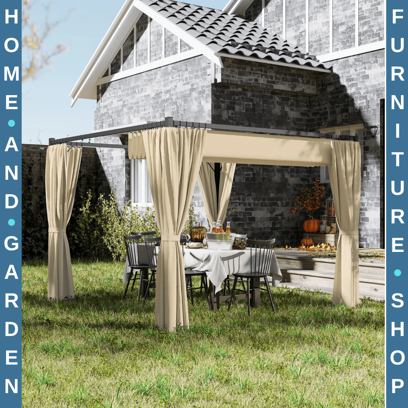 Metal Pergola with Retractable Roof 3 x 3m Curtains Outdoor Gazebo Patio Shade - Home and Garden Furniture Shop - rustic - furniture