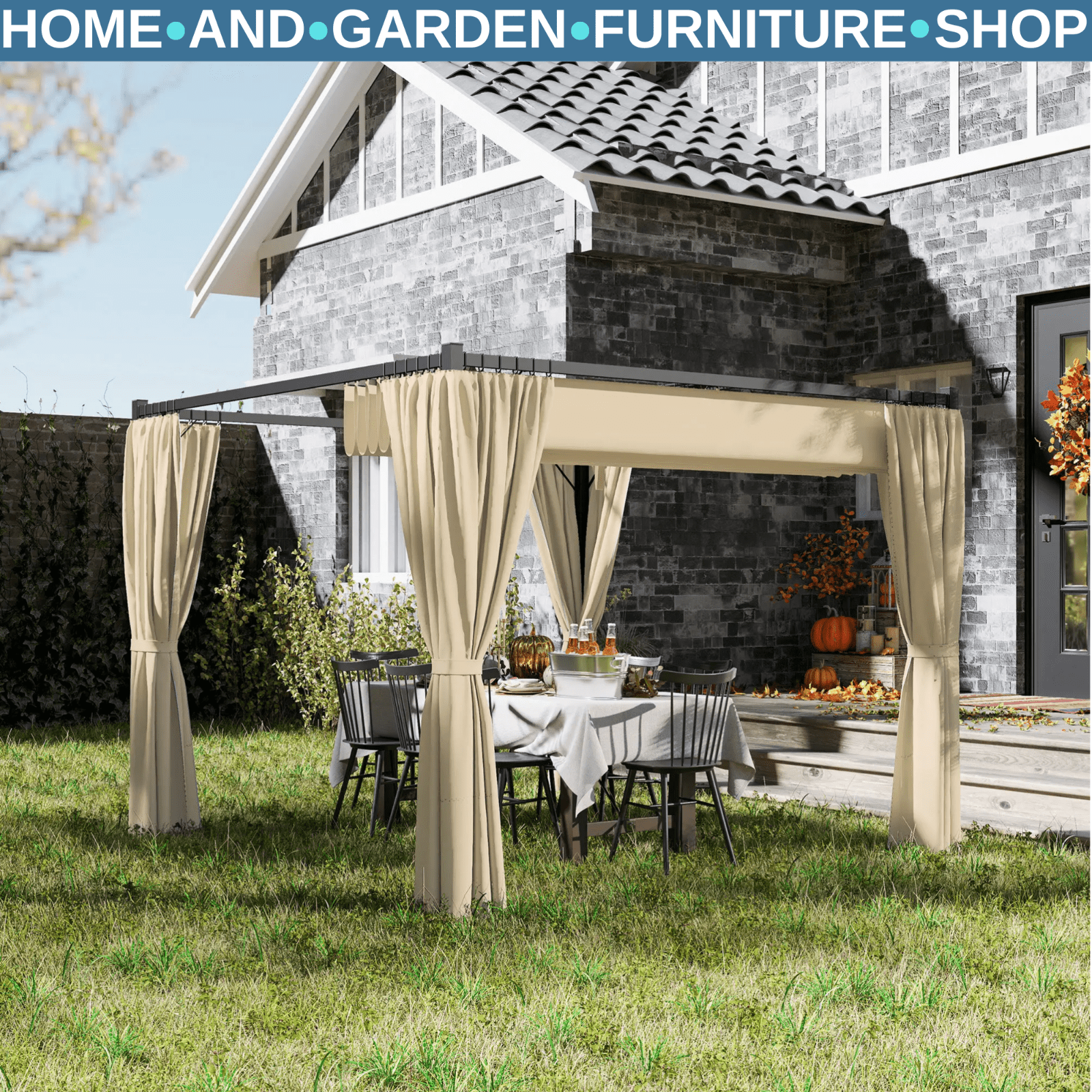 Metal Pergola with Retractable Roof 3 x 3m Curtains Outdoor Gazebo Patio Shade - Home and Garden Furniture Shop - rustic - furniture