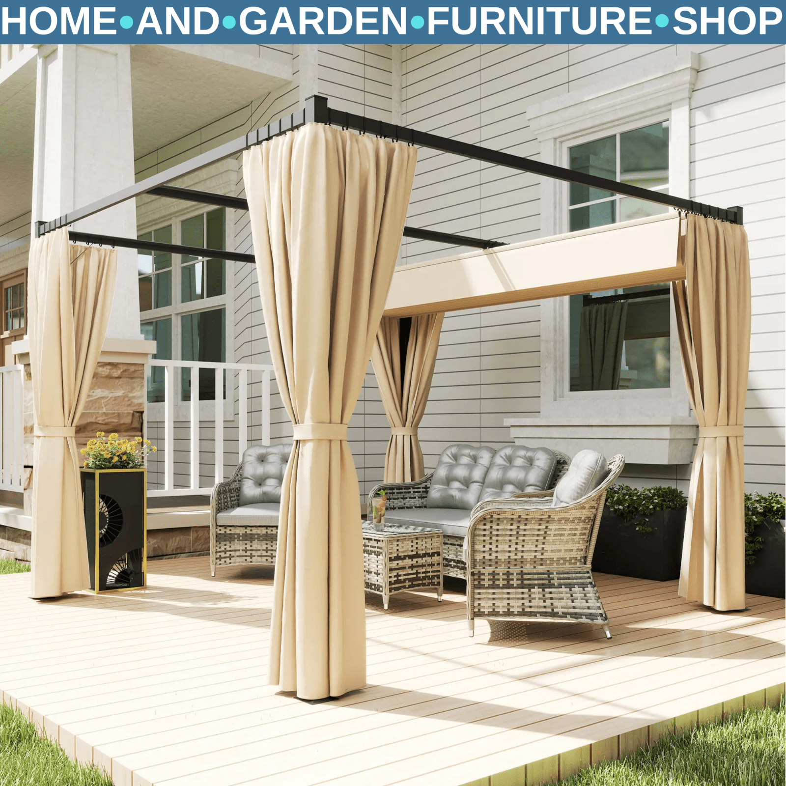Metal Pergola with Retractable Roof 3 x 3m Curtains Outdoor Gazebo Patio Shade - Home and Garden Furniture Shop - rustic - furniture