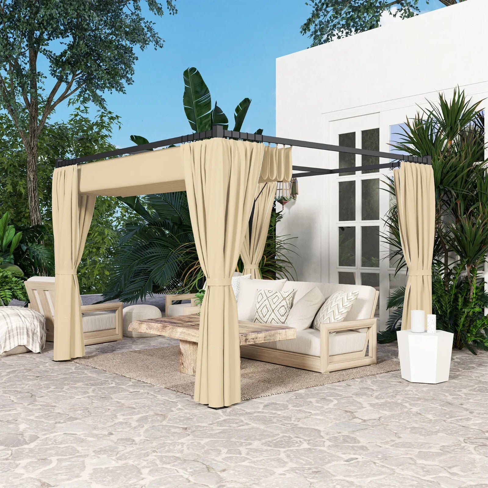 Metal Pergola with Retractable Roof 3 x 3m Curtains Outdoor Gazebo Patio Shade - Home and Garden Furniture Shop - rustic - furniture