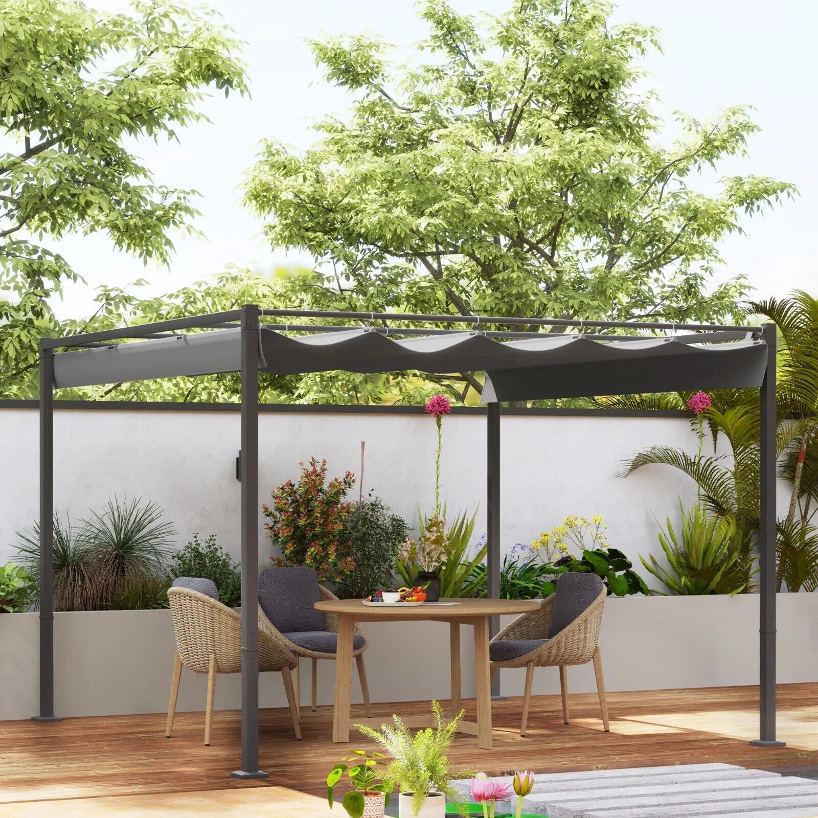 Metal Pergola with Retractable Roof 3 x 3m Grey Canopy Outdoor Garden Furniture - Home and Garden Furniture Shop - #rustic - furniture#