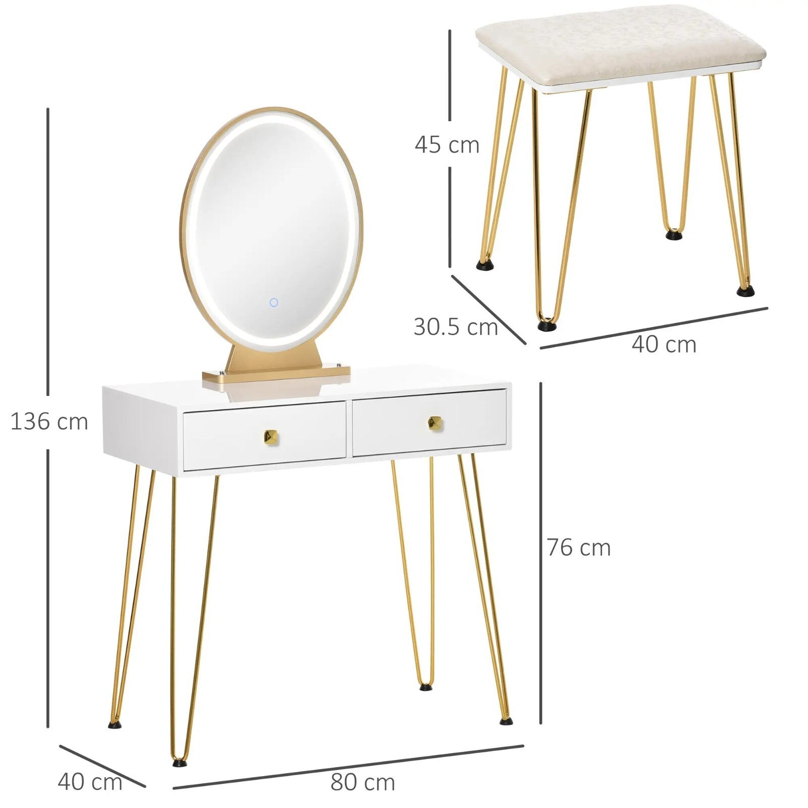 Modern Vanity Dressing Table Set Stool 2 Drawers LED Mirror Makeup Desk Metal - Home and Garden Furniture Shop - rustic - furniture