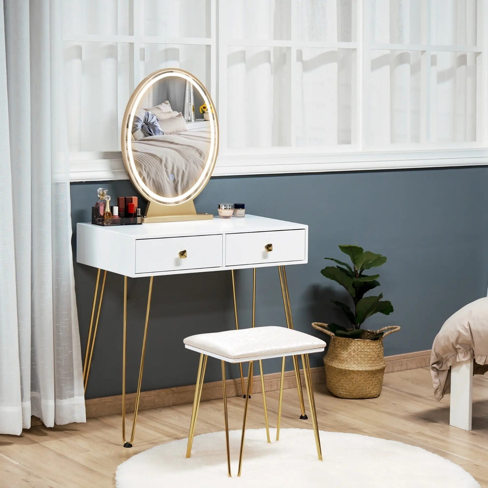 Modern Vanity Dressing Table Set Stool 2 Drawers LED Mirror Makeup Desk Metal - Home and Garden Furniture Shop - rustic - furniture