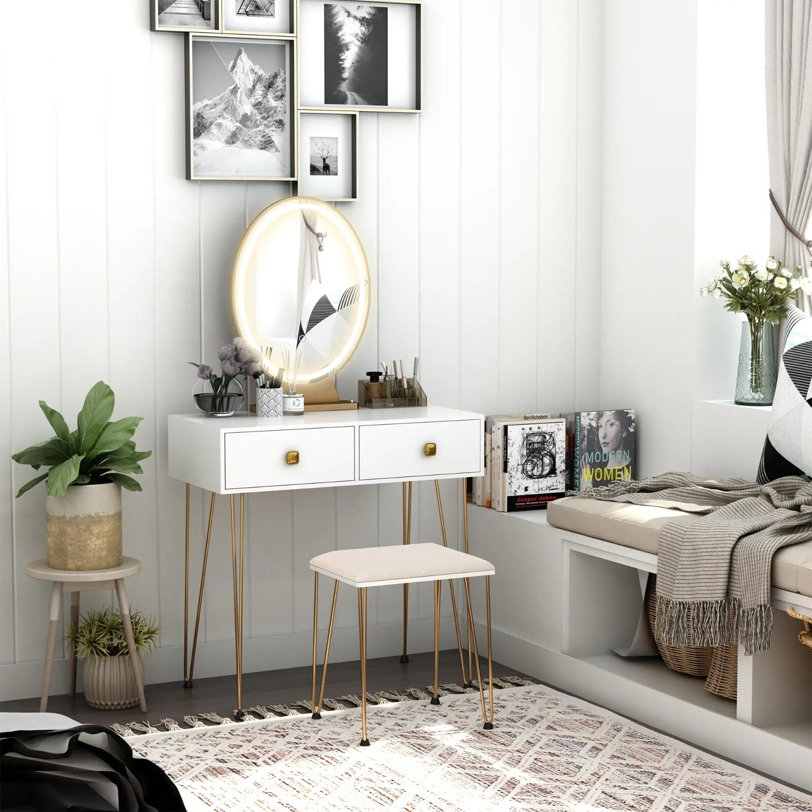 Modern Vanity Dressing Table Set Stool 2 Drawers LED Mirror Makeup Desk Metal - Home and Garden Furniture Shop - rustic - furniture