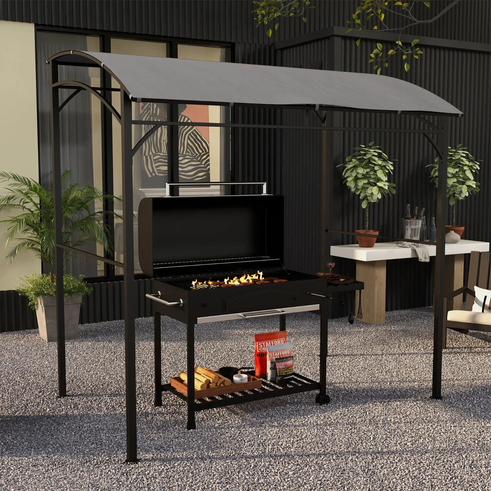 Outdoor Cooking Shelter 2.2 x 1.5 m BBQ Gazebo Tent Sun Shade with Canopy Grey - Home and Garden Furniture Shop - #rustic - furniture#
