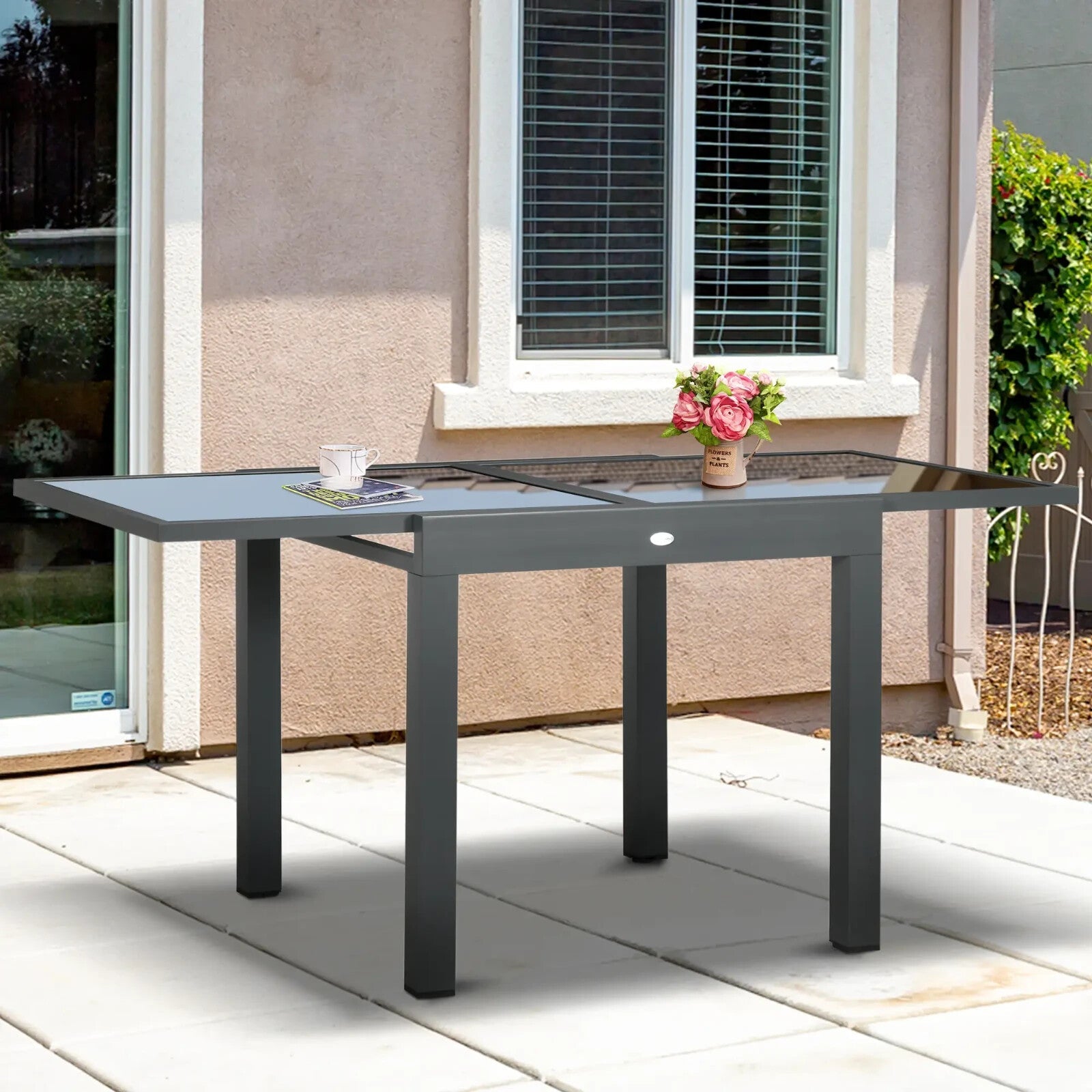 Outdoor Extending Garden Dining Table w/ Aluminium Frame & Glass Tabletop Black - Home and Garden Furniture Shop - rustic - furniture