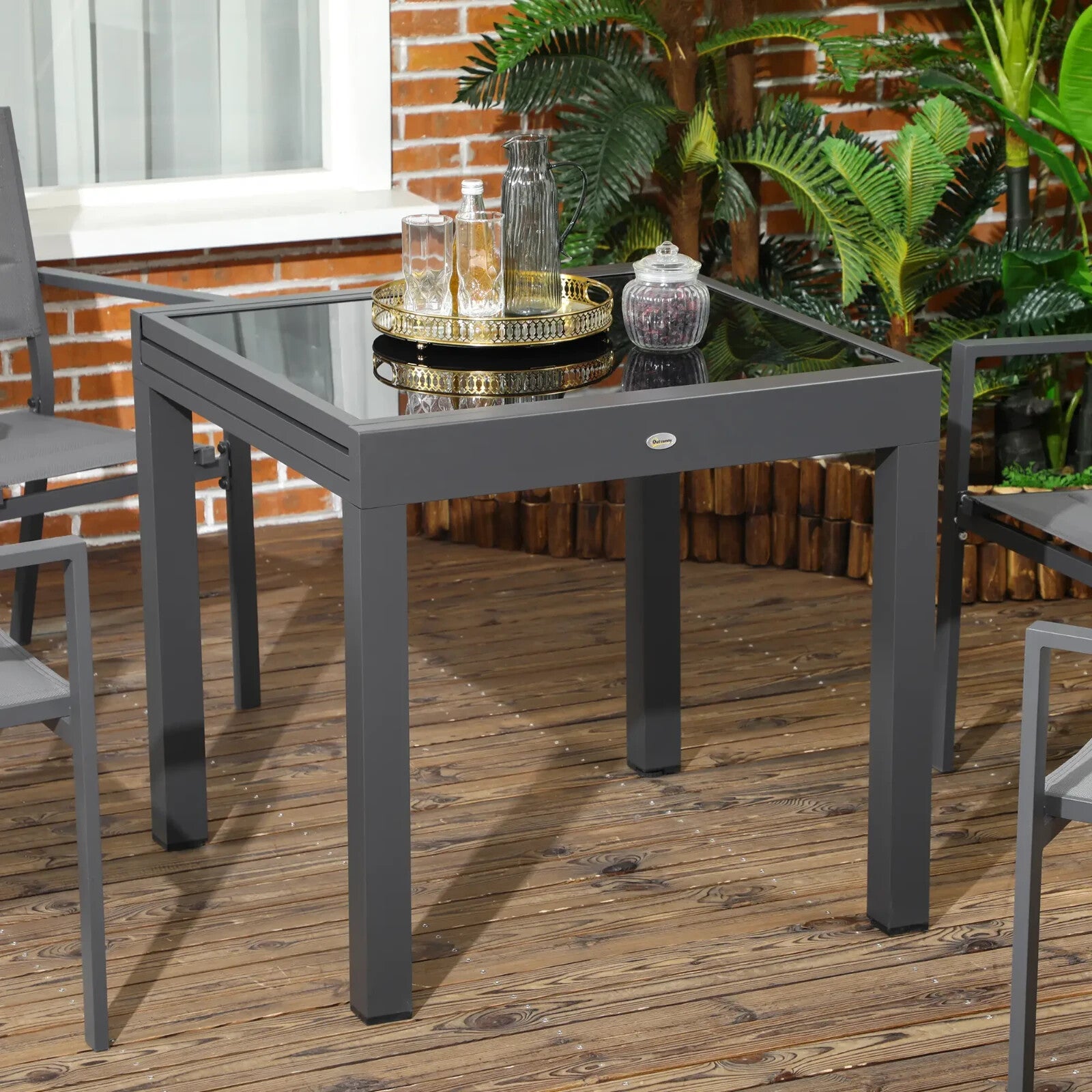 Outdoor Extending Garden Dining Table w/ Aluminium Frame & Glass Tabletop Black - Home and Garden Furniture Shop - rustic - furniture